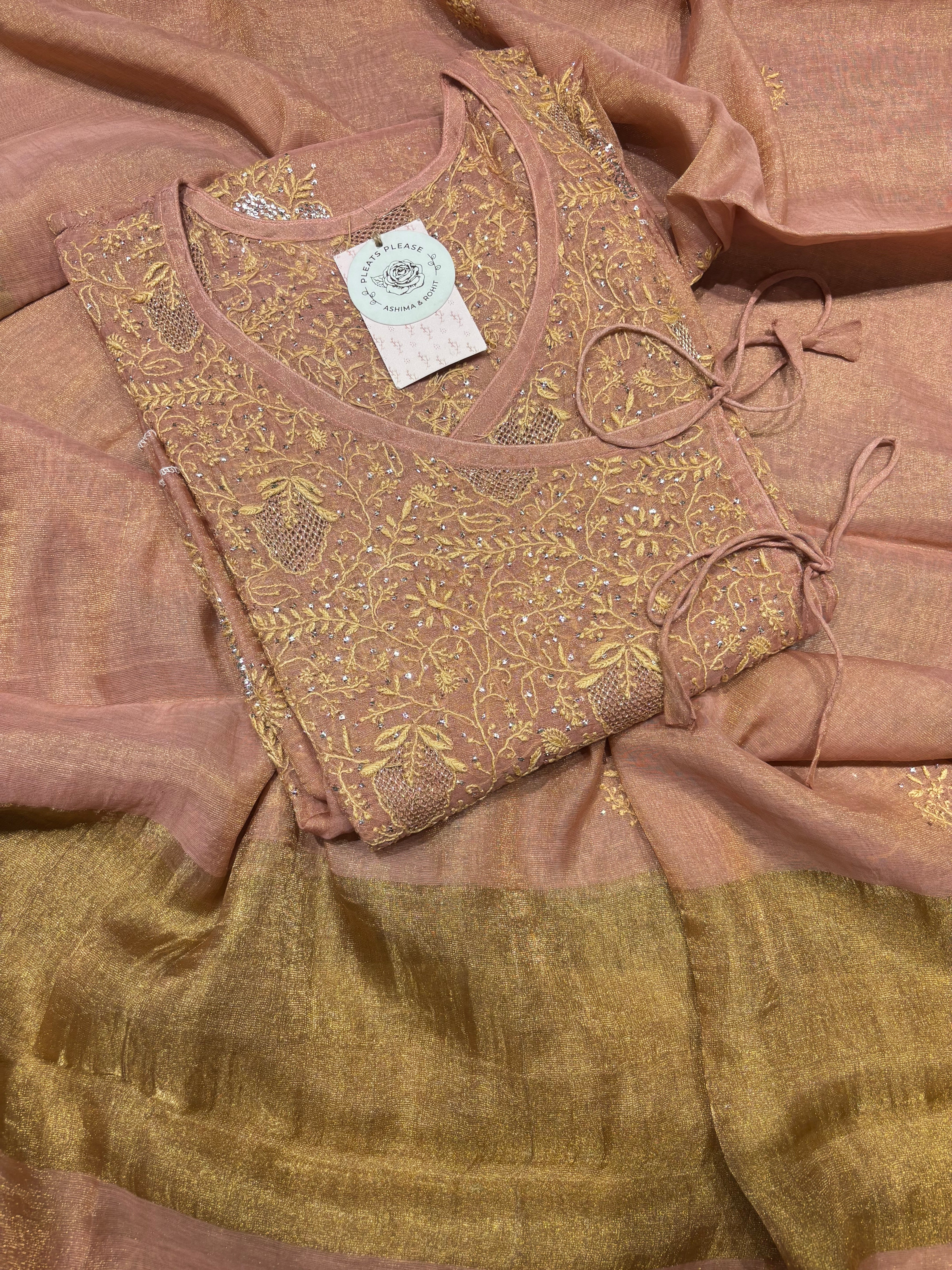 Rose Gold pure & Premium Tissue Chikankari & Mukaish Angrakha Kurta and Dupatta Set