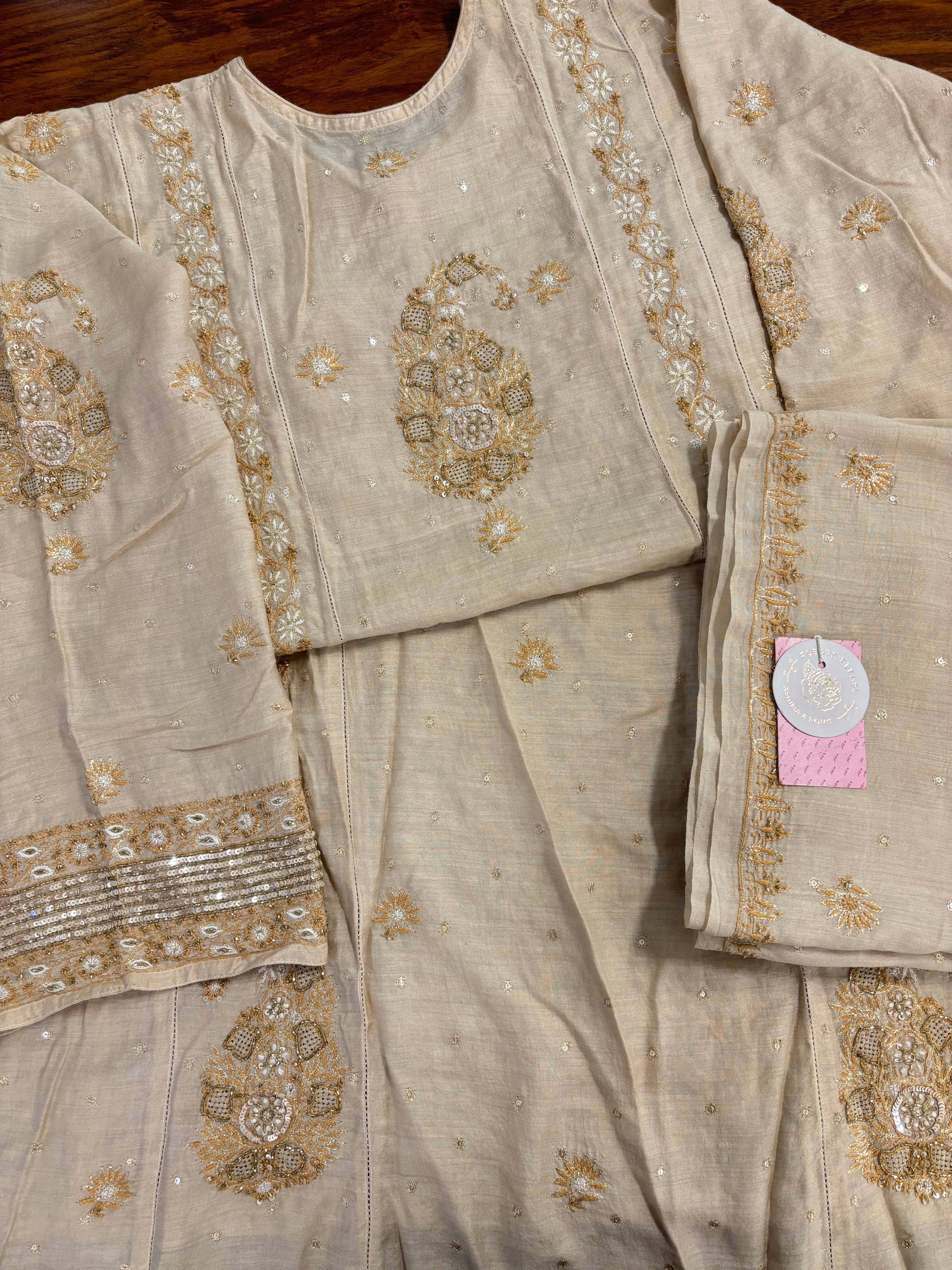 Dyeable Natural Monga Silk Chikankari A-line Kurta & Dupatta