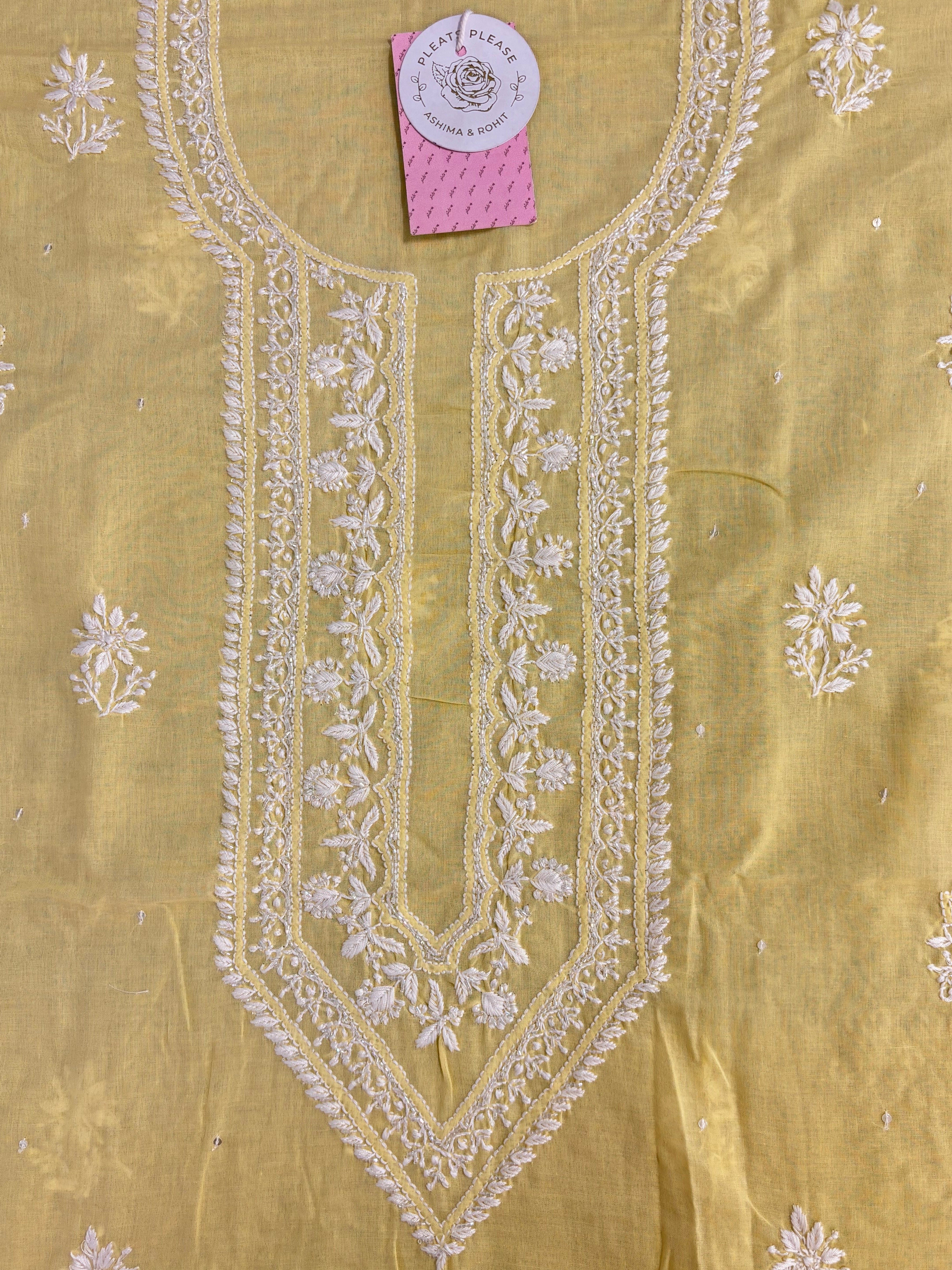 Lemon Yellow Mulmul Chikankari Kurta