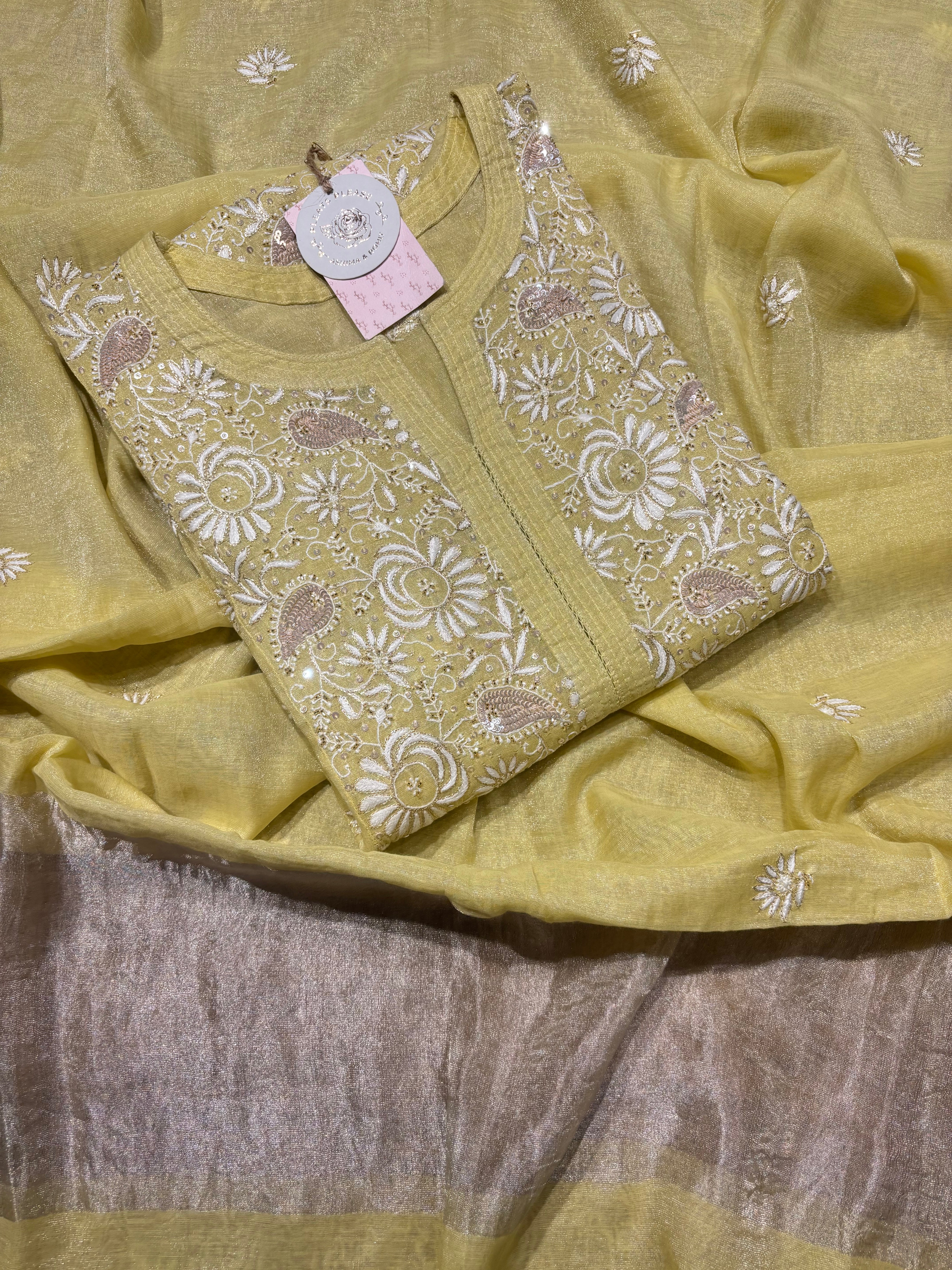 Yellow Pure & Premium Tissue Chikankari Kurta & Dupatta Set