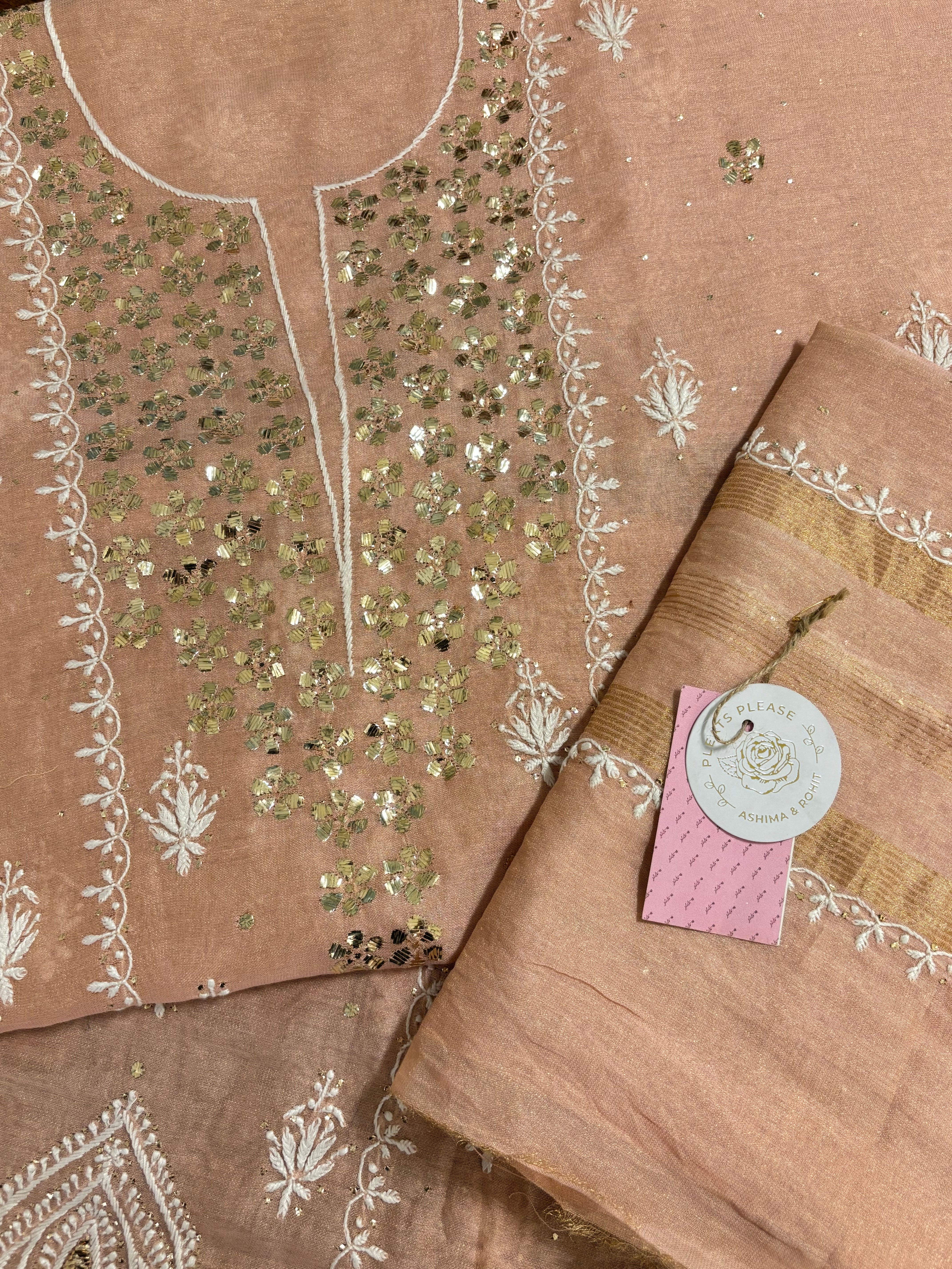 Peach Tissue Chikankari Mukaish kurta Dupatta set