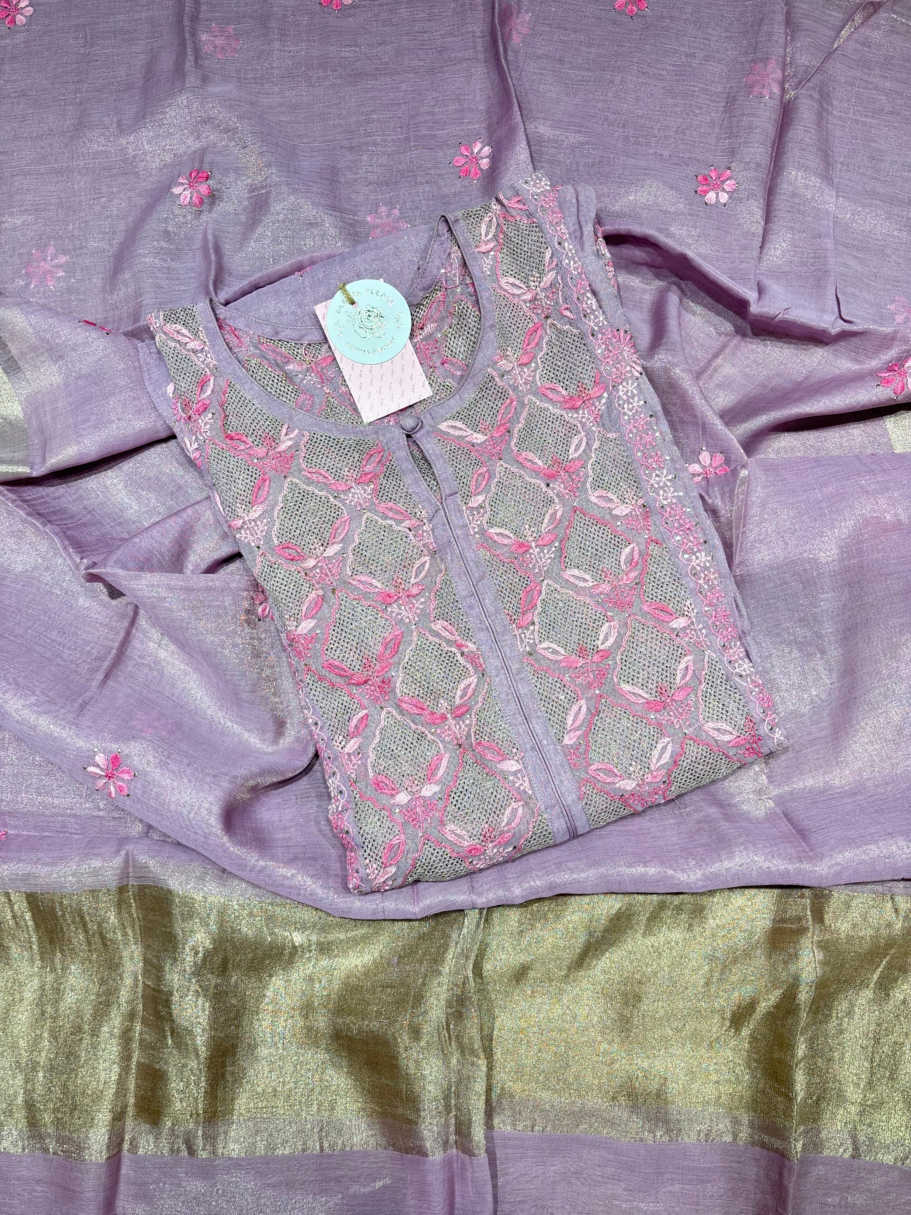Lilac Pure & Premium Tissue Chikankari Tunic Kurta & Dupatta Set