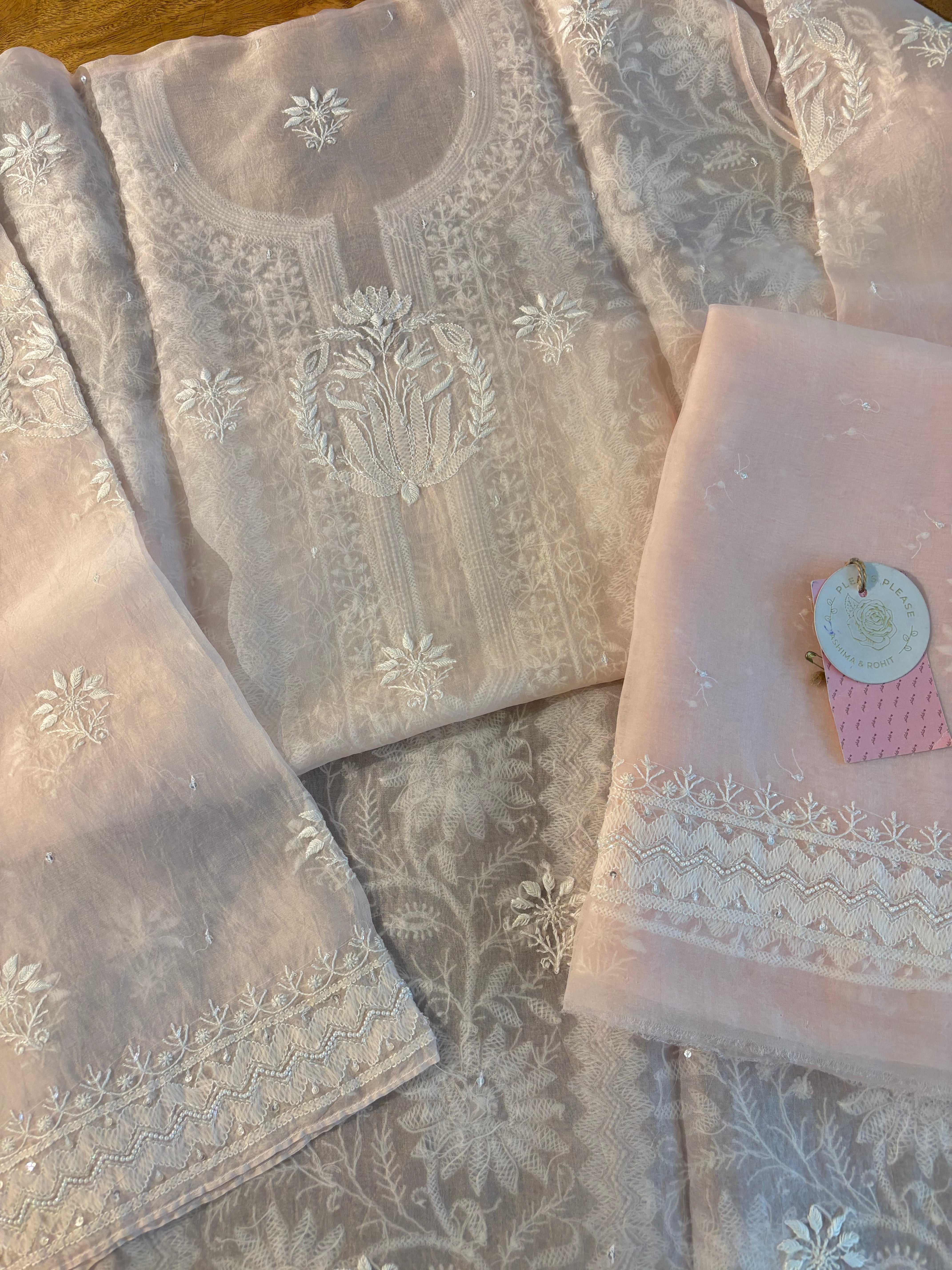 Baby pink Organza Silk Chikankari Kurta & Dupatta
