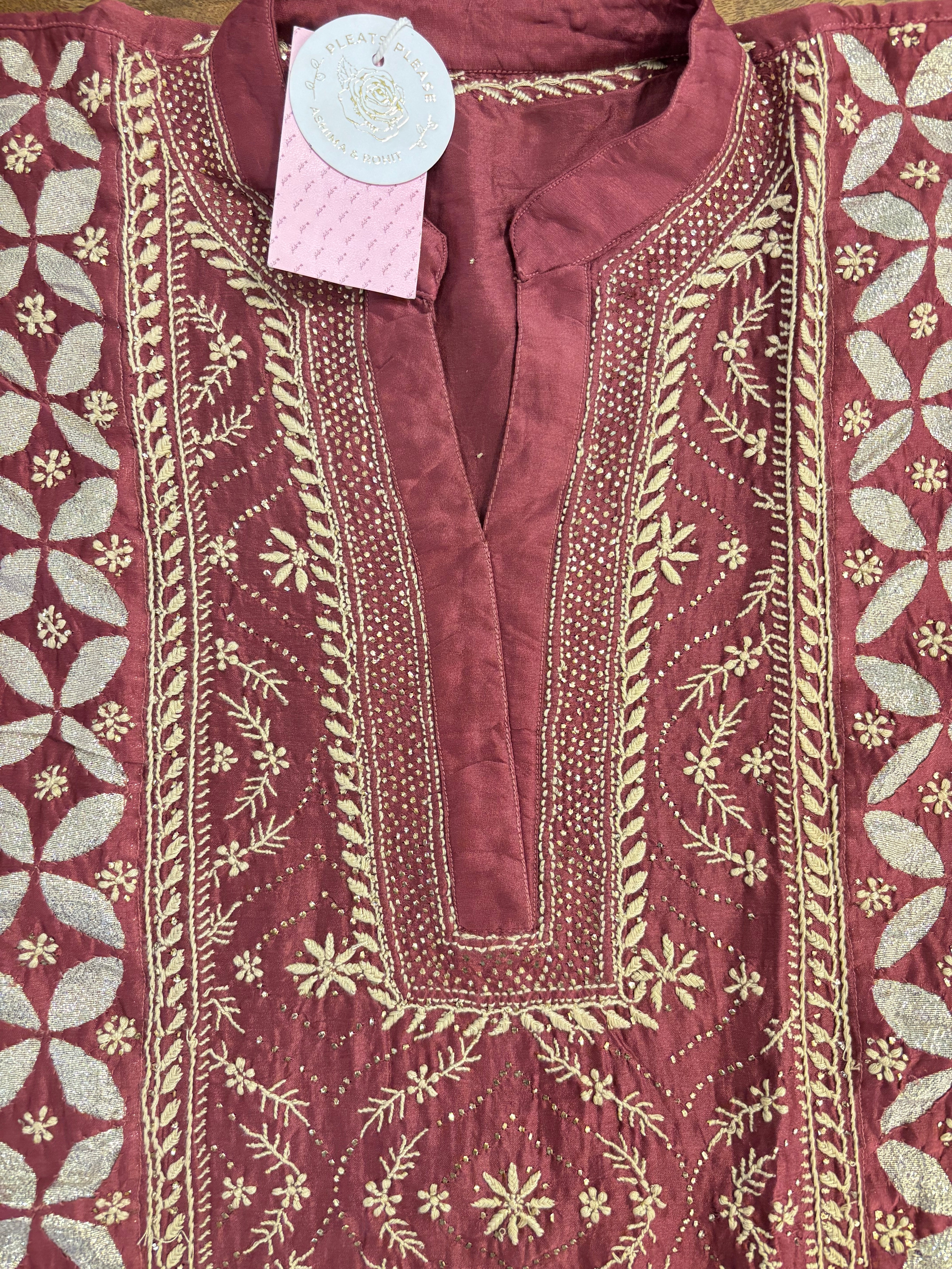 Maroon Chanderi Chikankari Mukaish Kurta & Dupatta