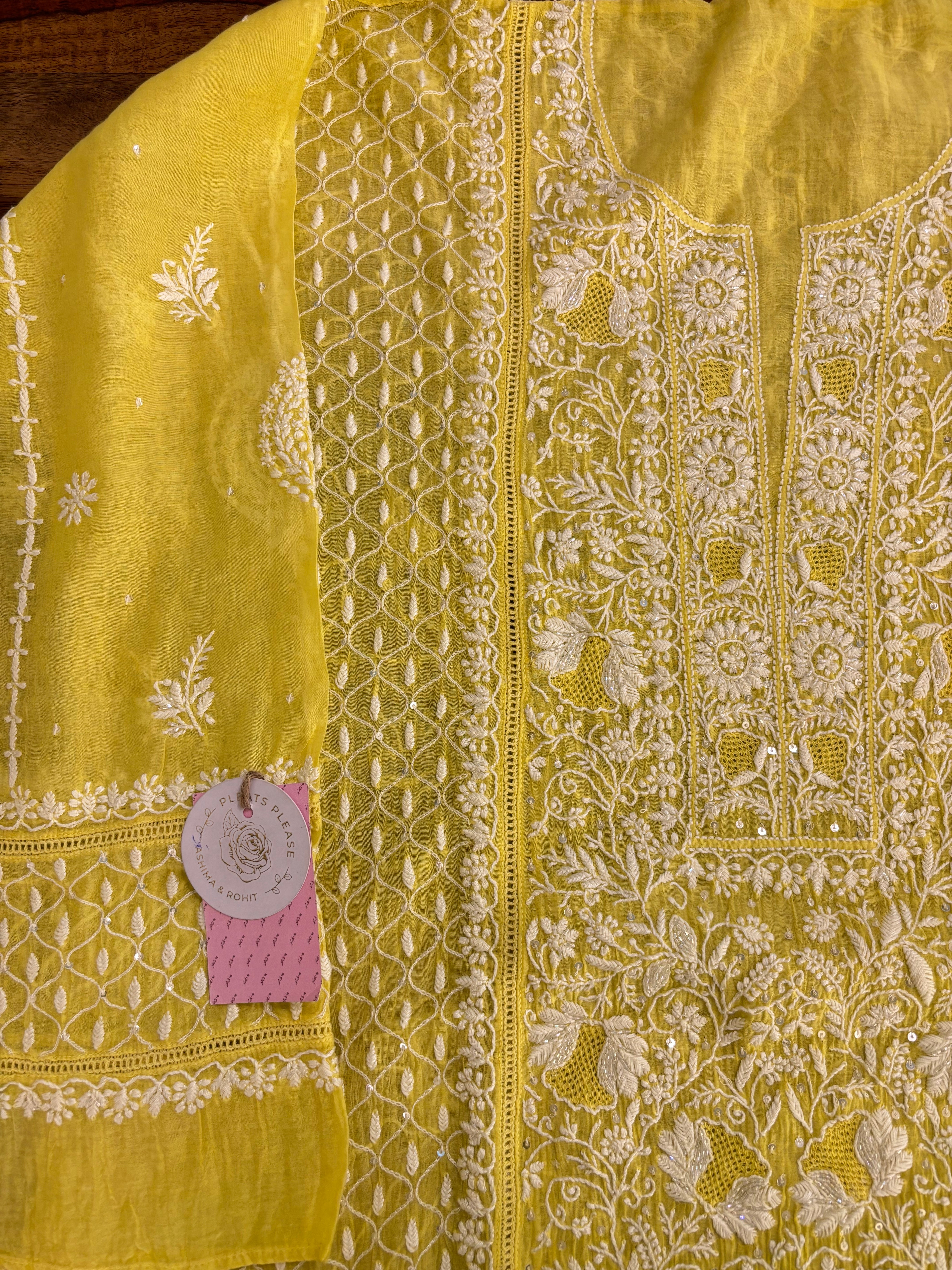 Lemon Yellow Chanderi Chikankari Kurta & Dupatta