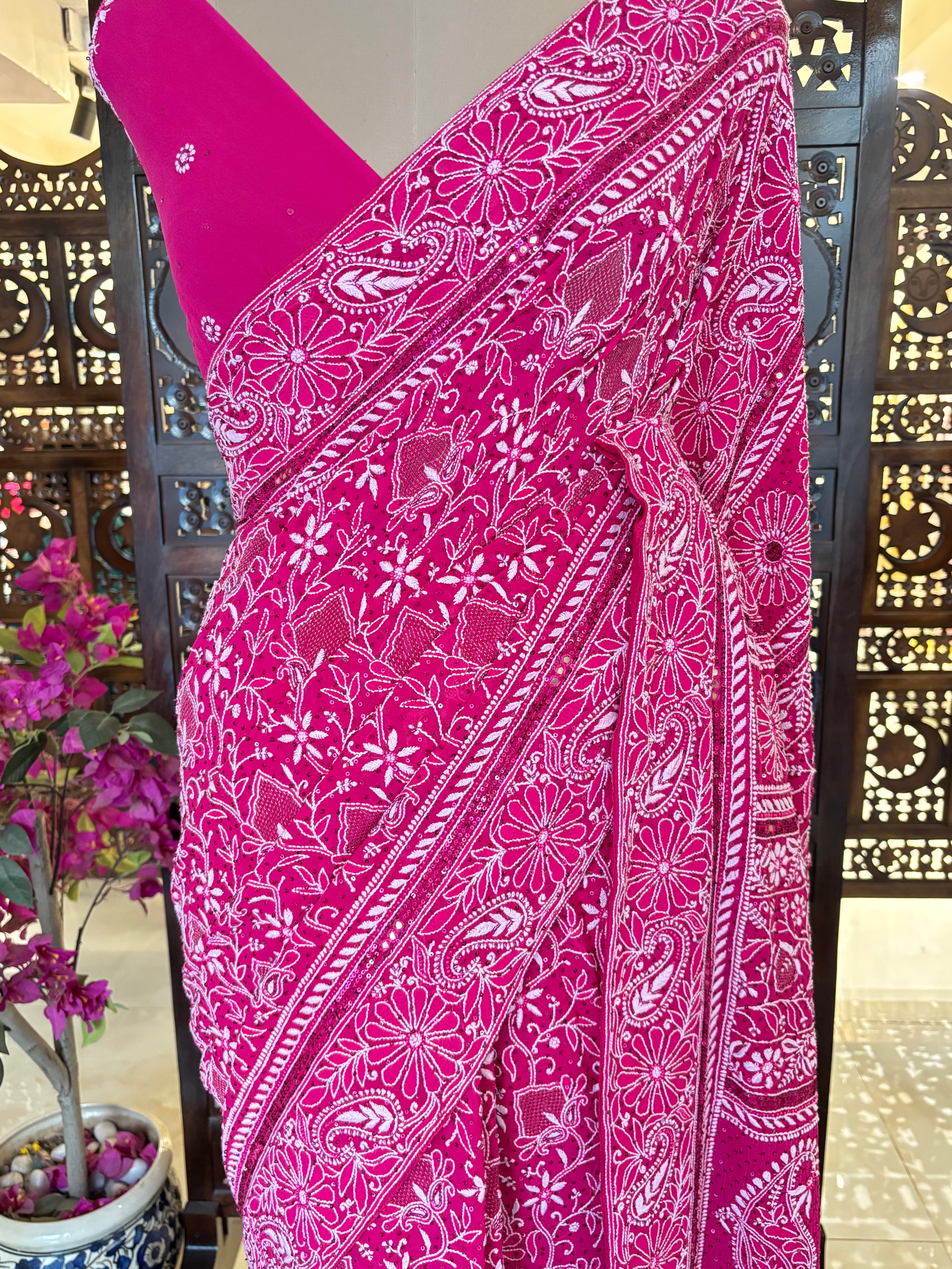 Magenta Pure & Premium Georgette Chikankari Saree - Pleats PleaseChikankari