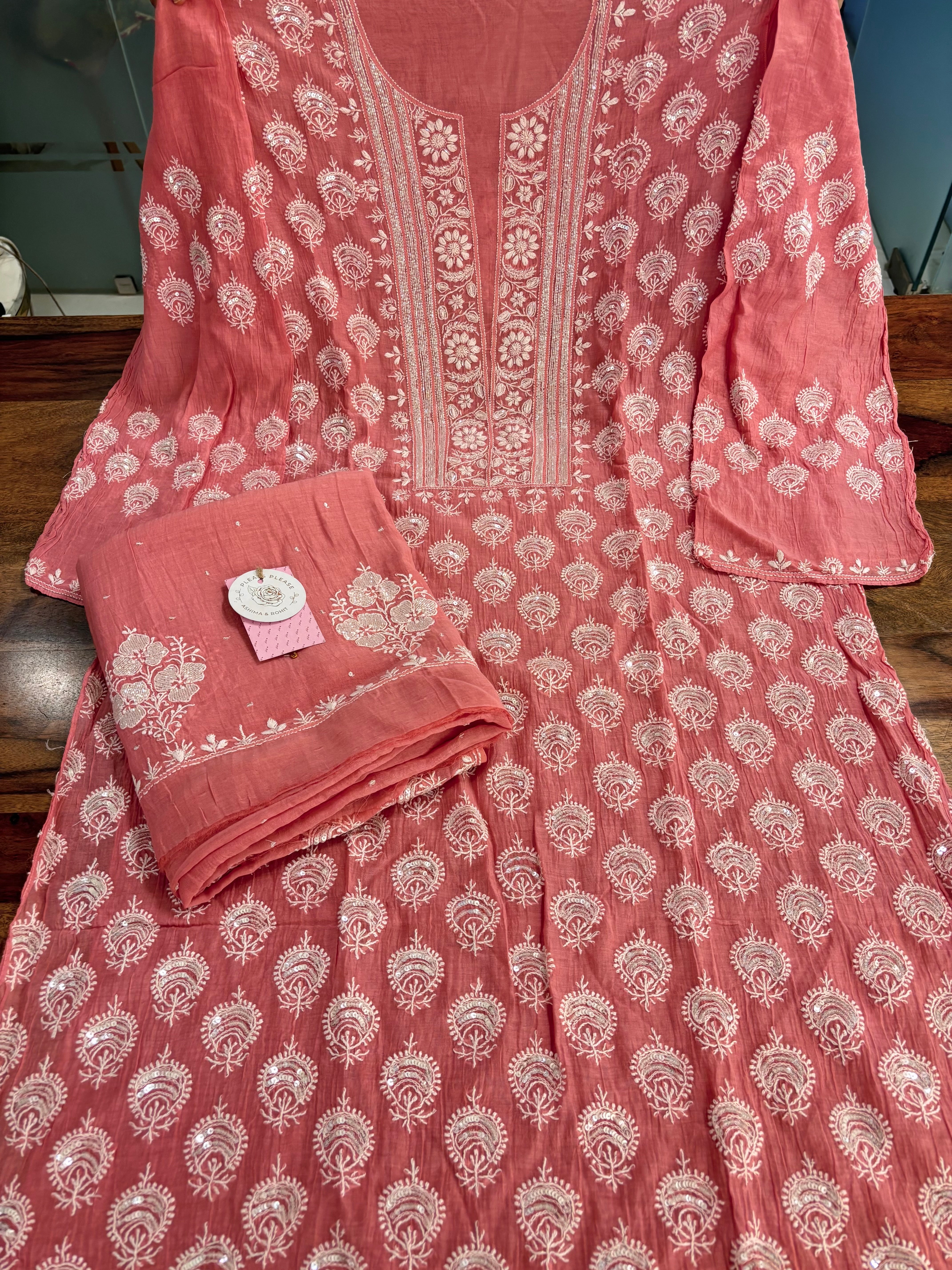 Peach Chanderi Mul Chikankari Kurta & Dupatta