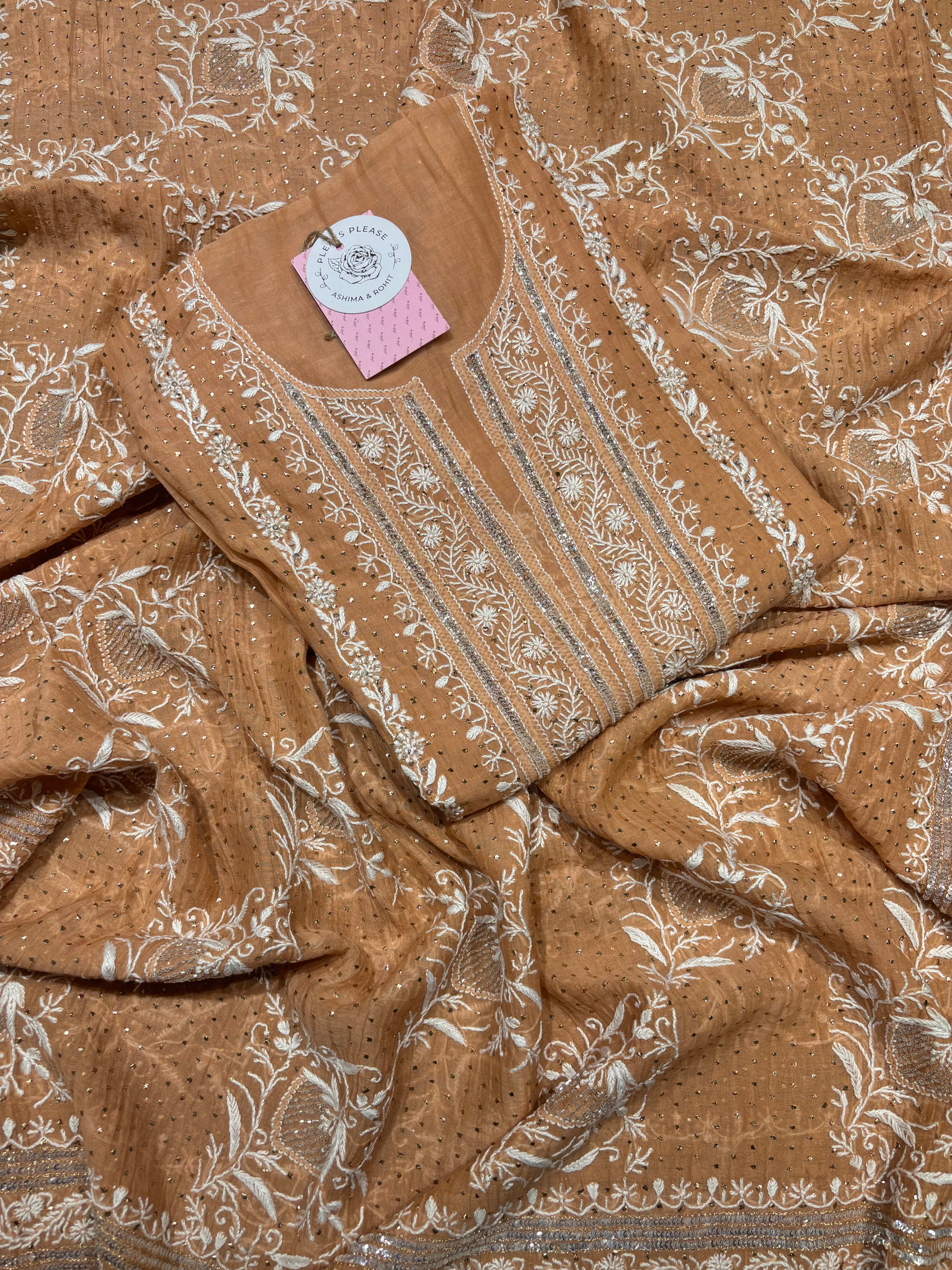 Brown Museli chanderi Mul Chikankari Kurta and Dupatta set