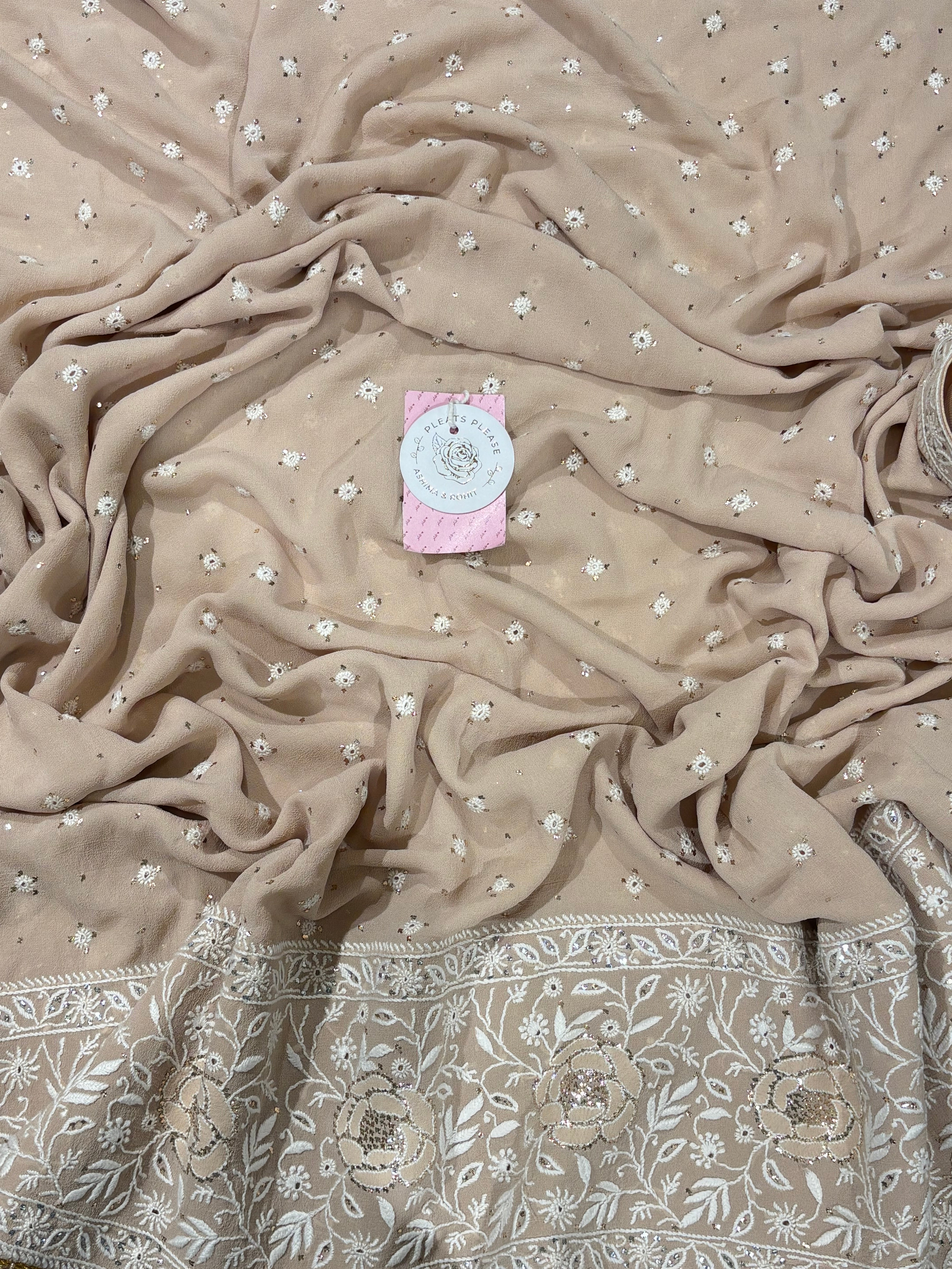 Champagne Beige Pure And Premium Georgette Mukaish Chikankari Heavy Flared Anarkali