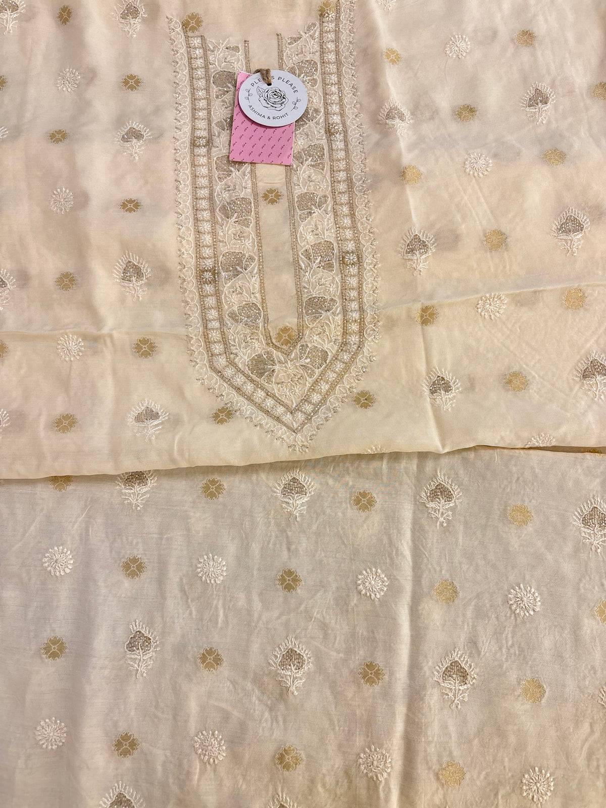 Cream Chanderi Chikankari Banarasi Boota Men’s Kurta