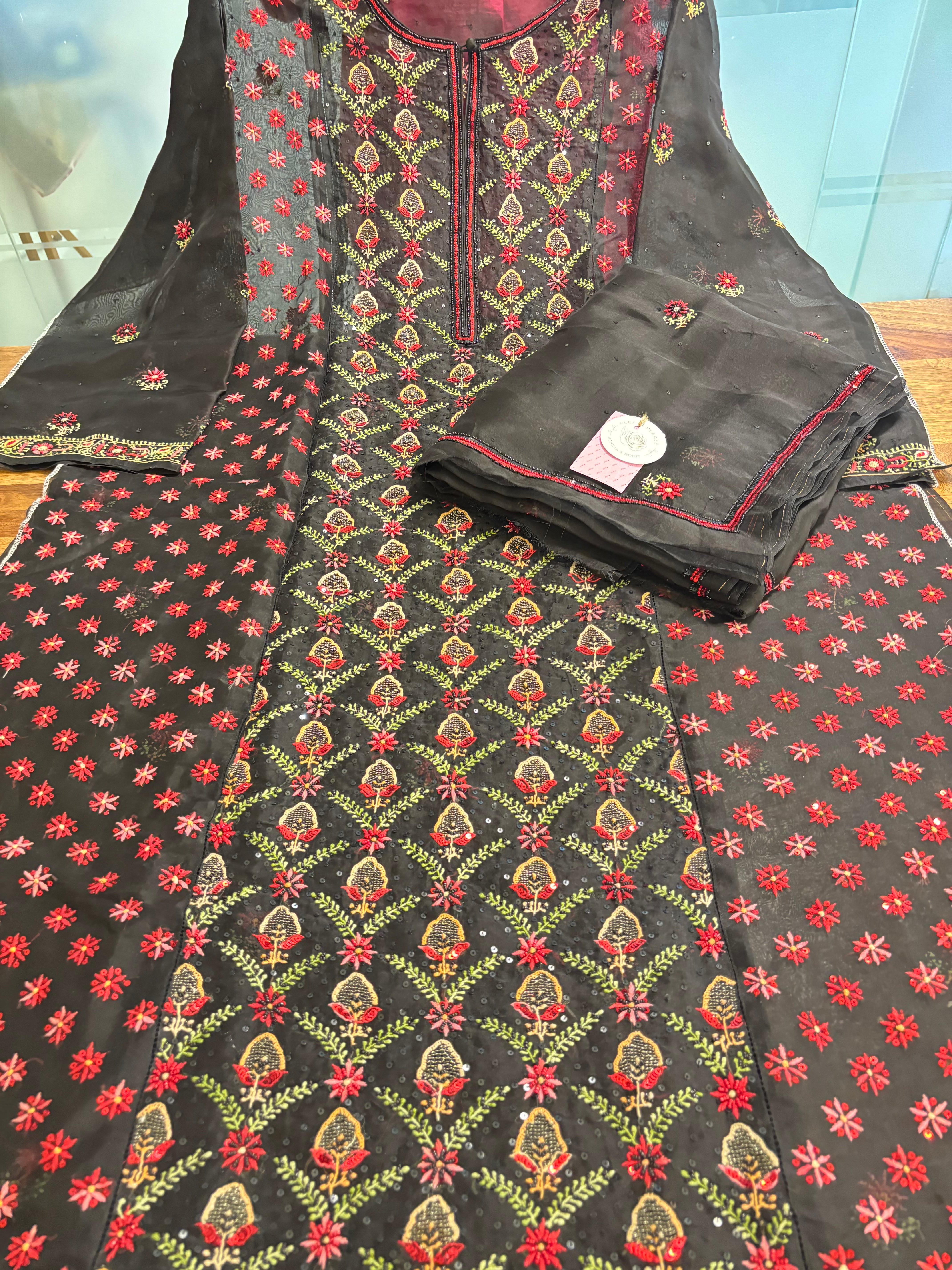 Black Pure Organza Chikankari Kurta & Dupatta