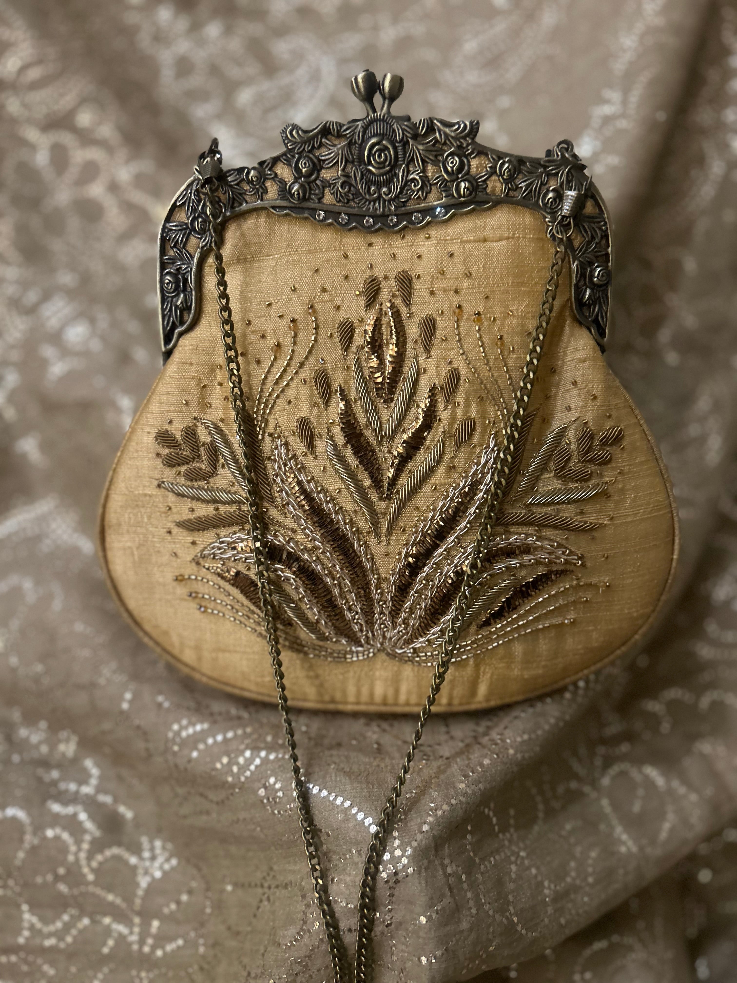 Beige Zardozi Mukaish Clutch Bag - Pleats PleaseChikankari