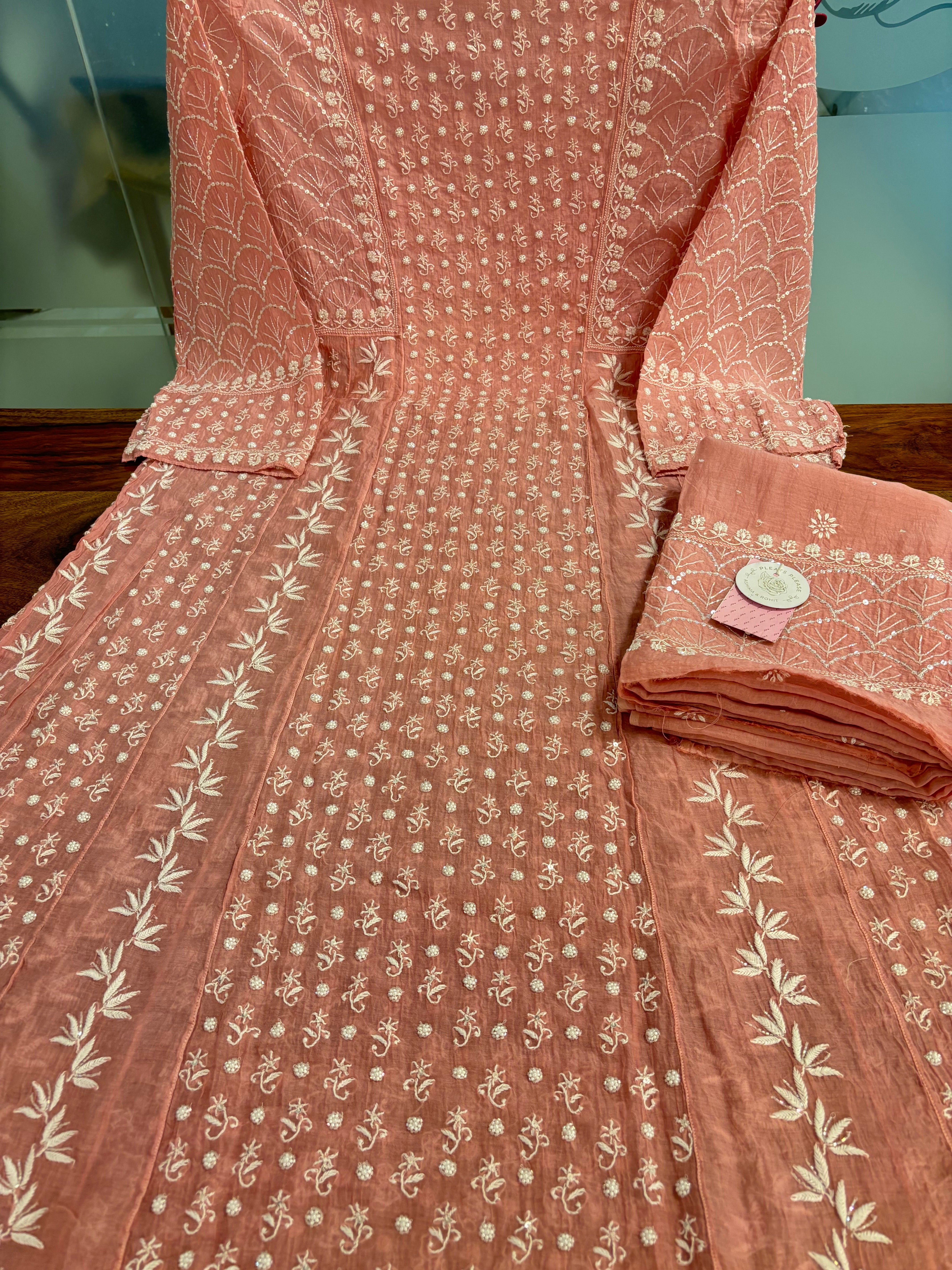 Coral Peach Chanderi Mul Chikankari Anarkali & Dupatta Set