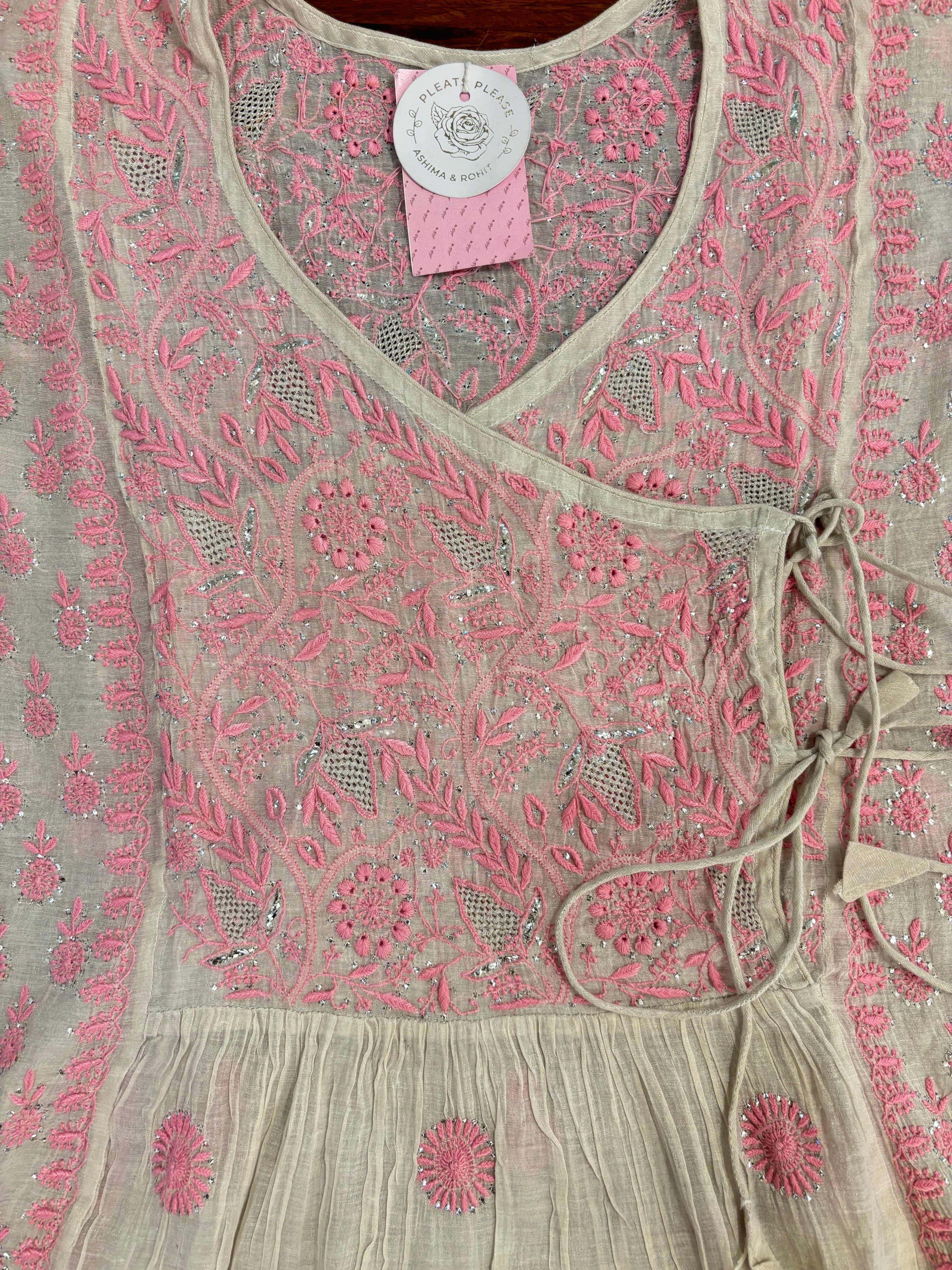 Dyeable Pure & Premium Silver Tissue Mukaish Chikankari Angrakha Kurta & Dupatta Set - Pleats PleaseChikankari