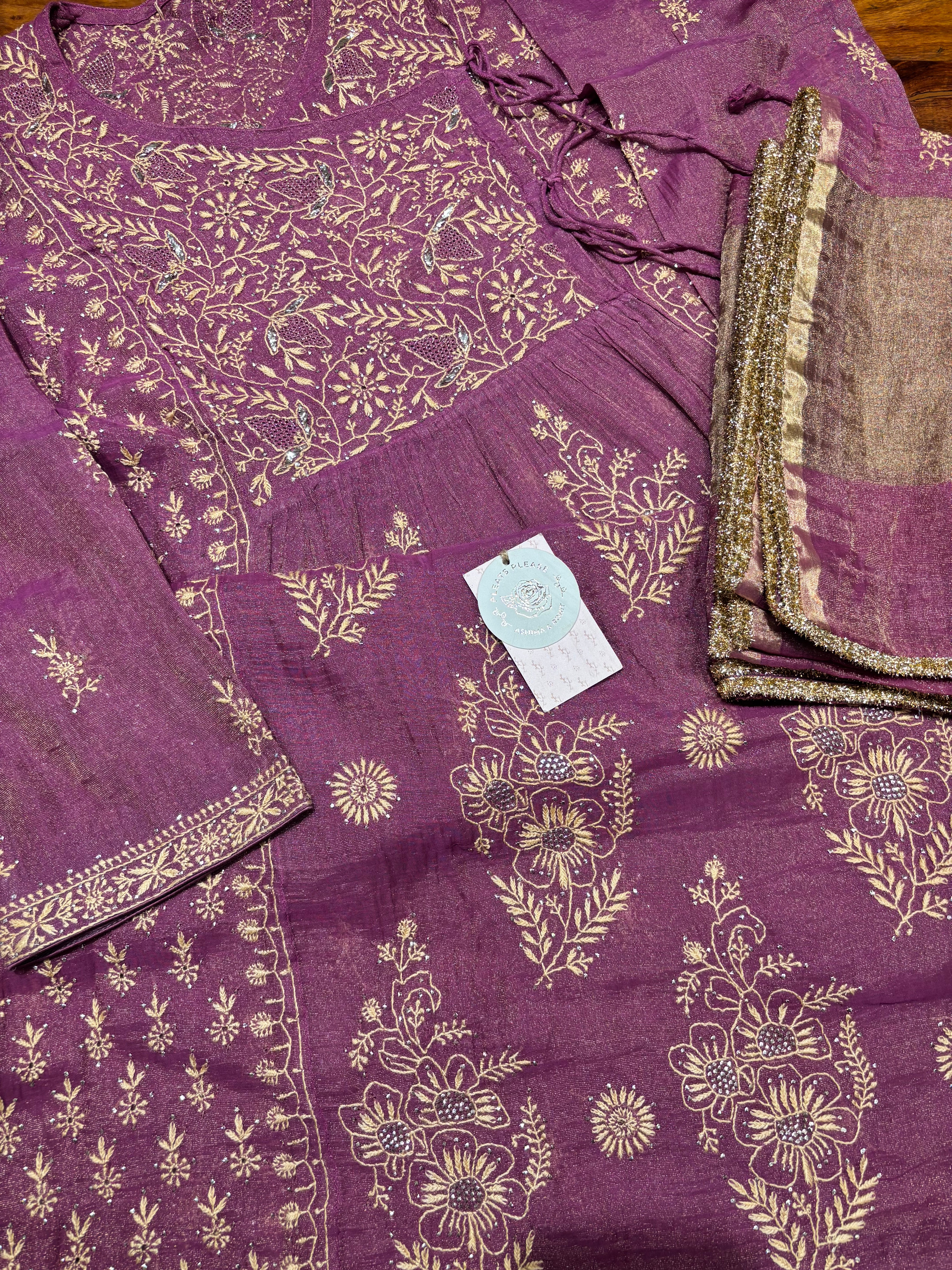 Purple Pure & Premium Tissue Chikankari Angrakha Kurta and Dupatta set