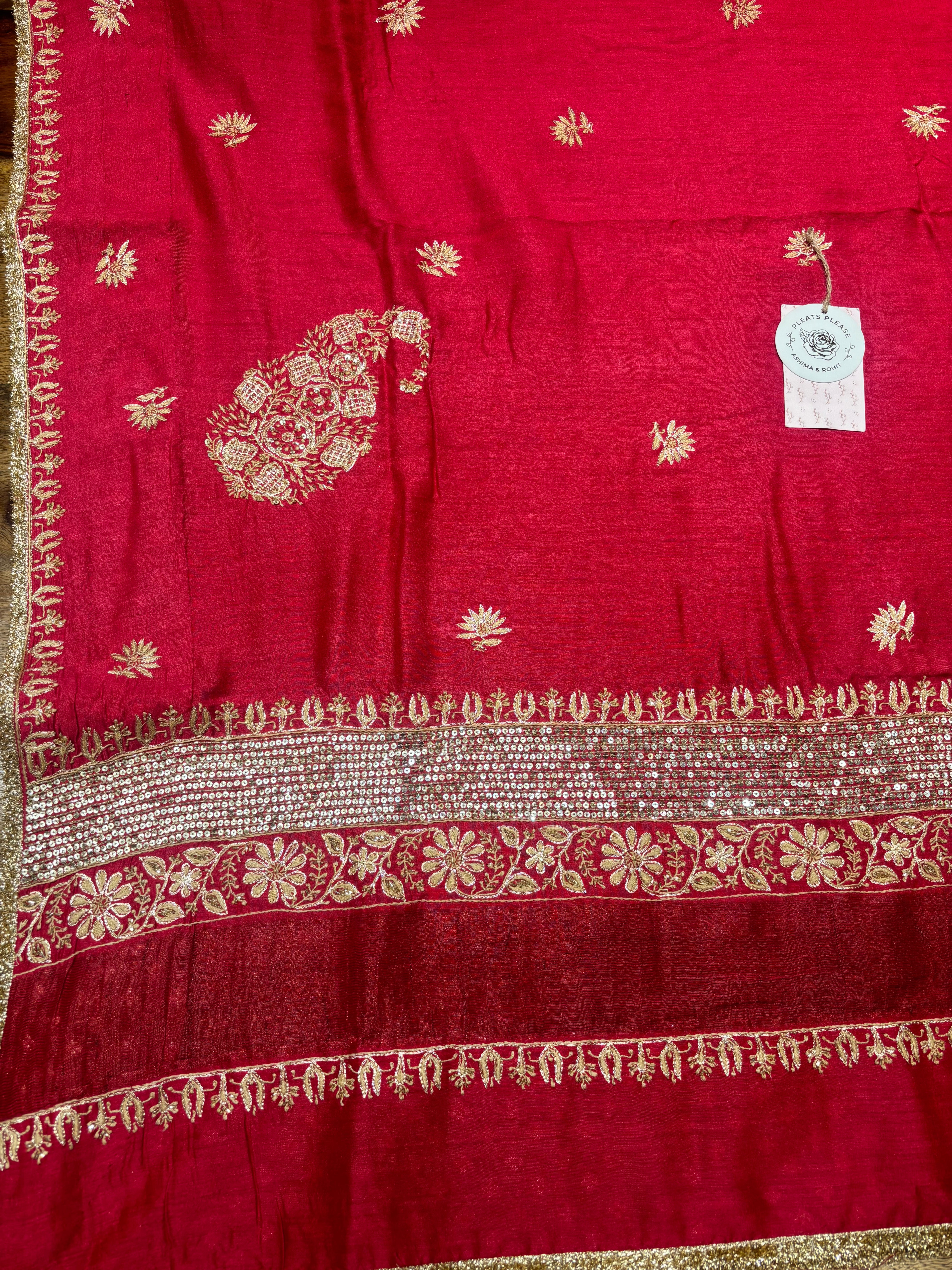 Red Monga Silk Chikankari A-line Anarkali & Dupatta Set