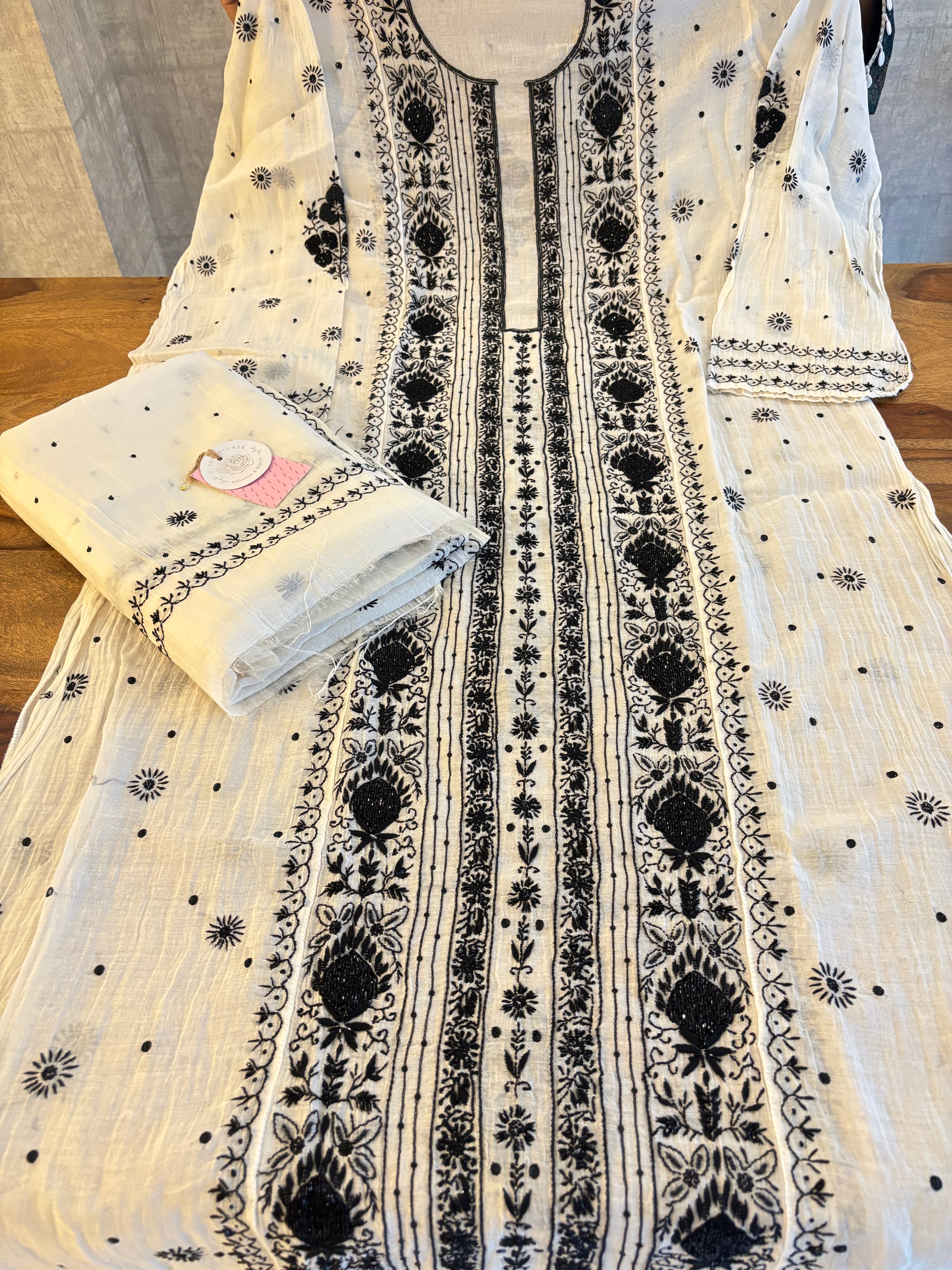 Dyeable Black & White Chanderi Chikankari Kurta & Dupatta