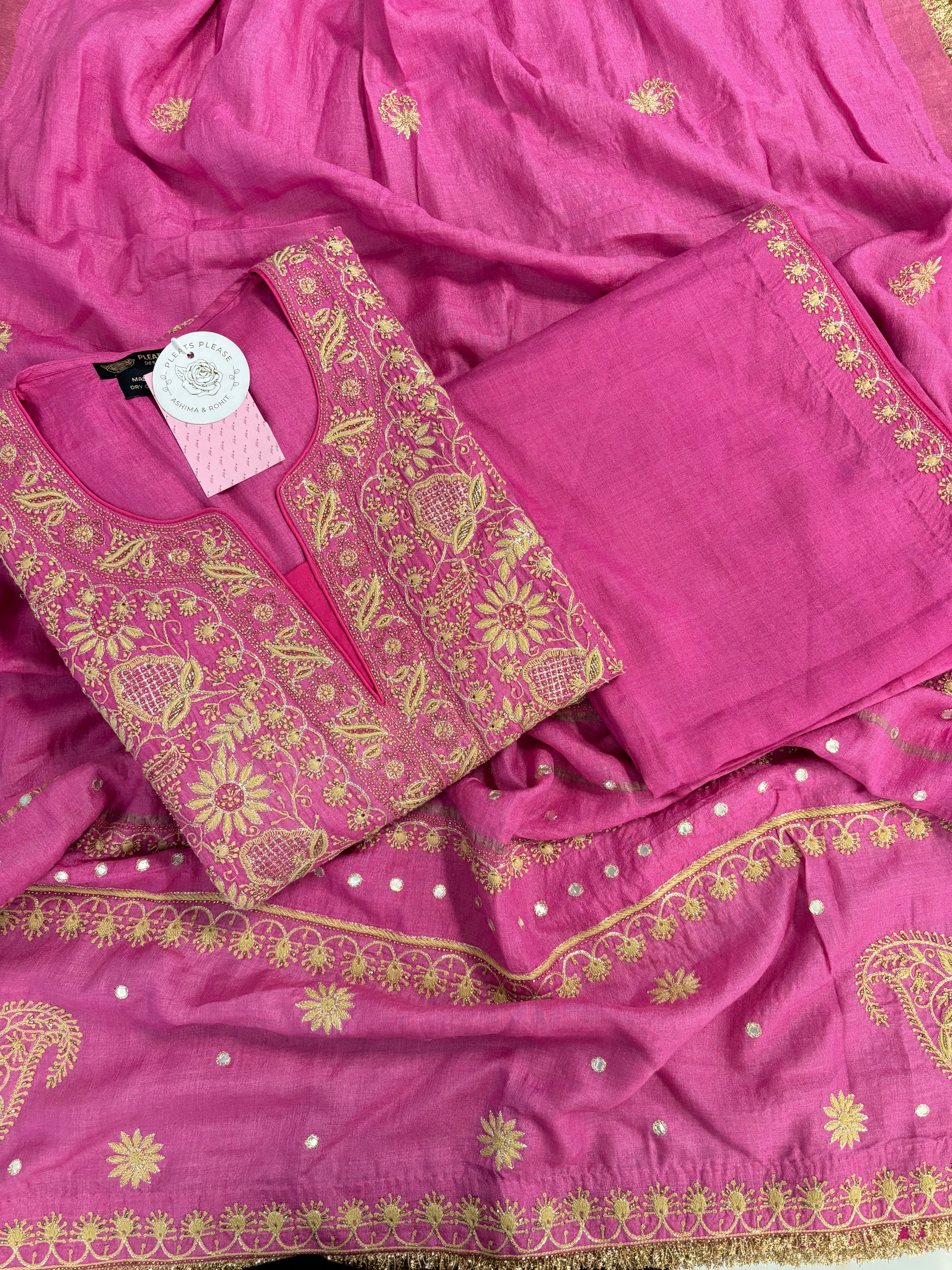 Magenta Pure Monga Silk A-Line Chikankari Kurta & Dupatta With Bottom