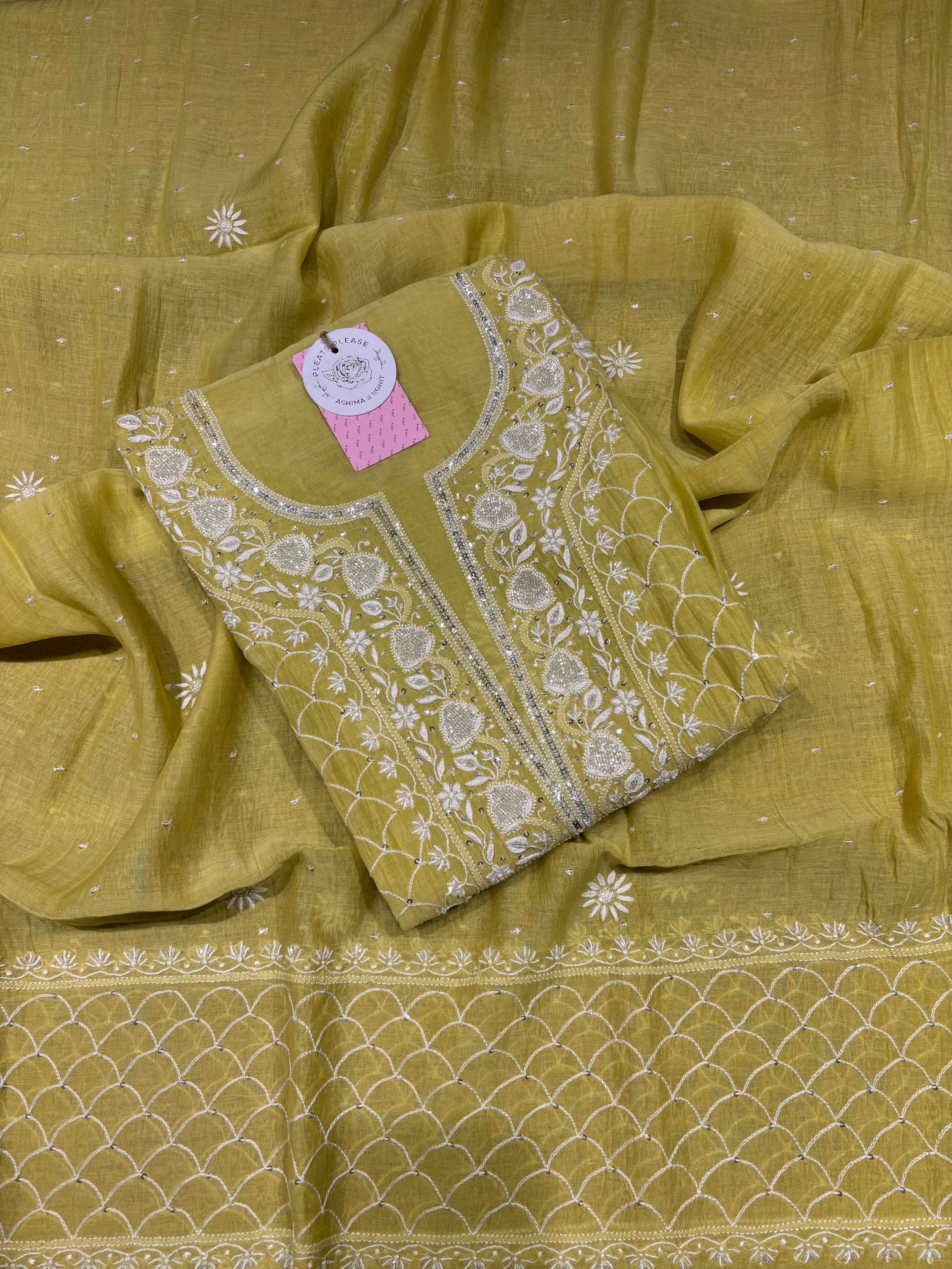 Neon Green Chanderi Mul Chikankari Kurta & Dupatta Set