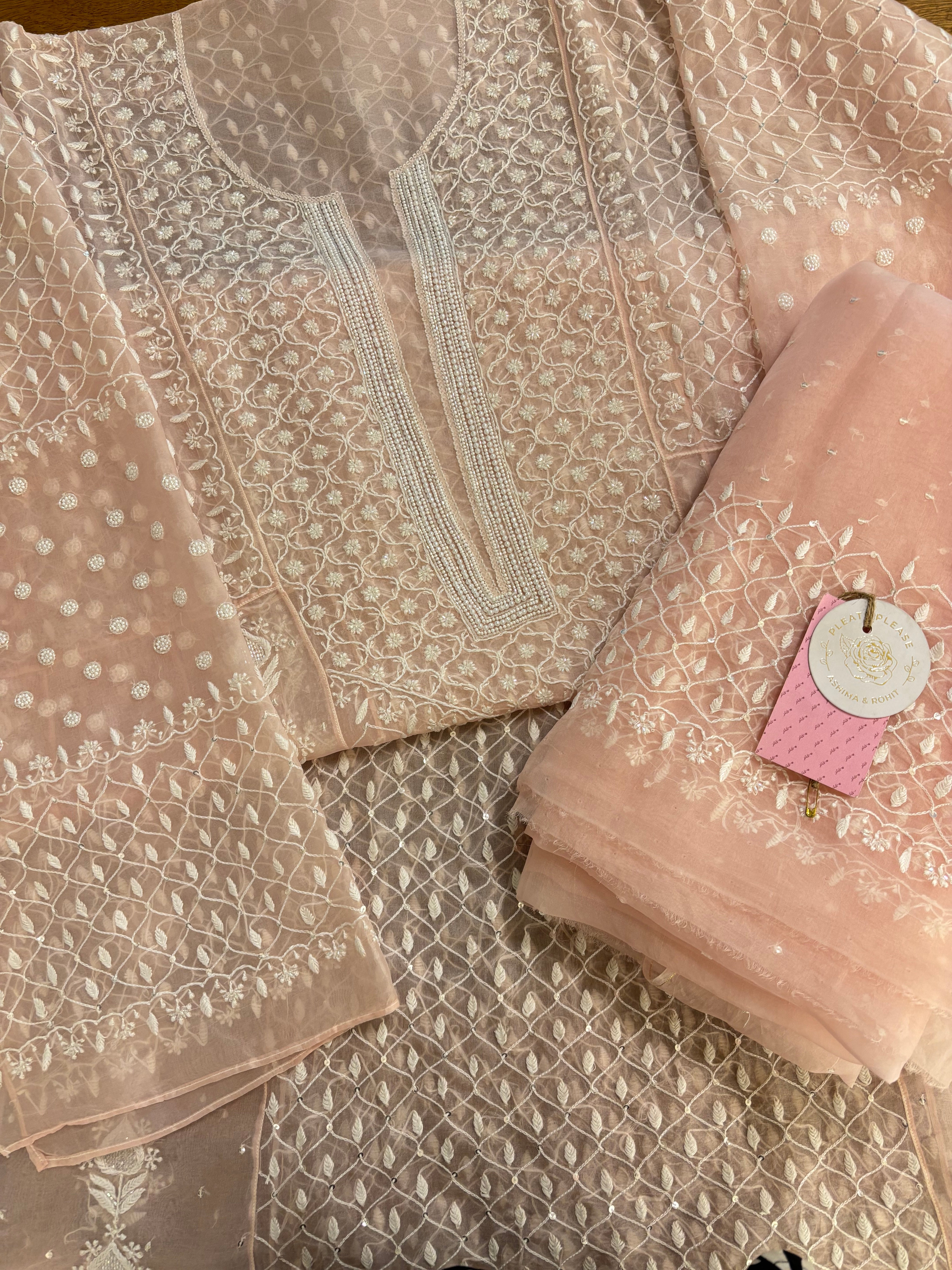 Baby Pink Organza Silk Chikankari Anarkali & Dupatta