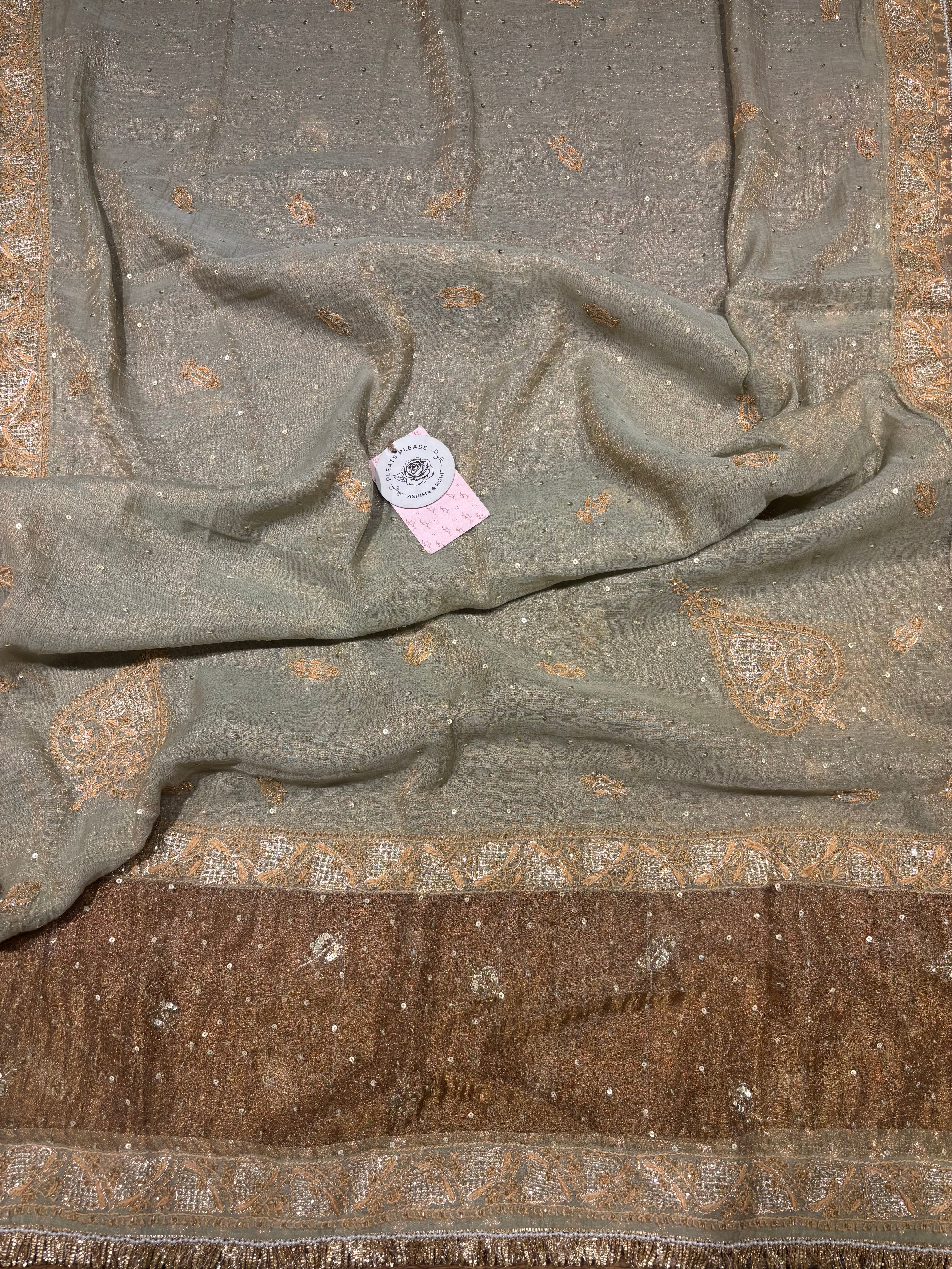 Cardamom Green Pure & Premium Tissue Chikankari Angrakha & Dupatta Set