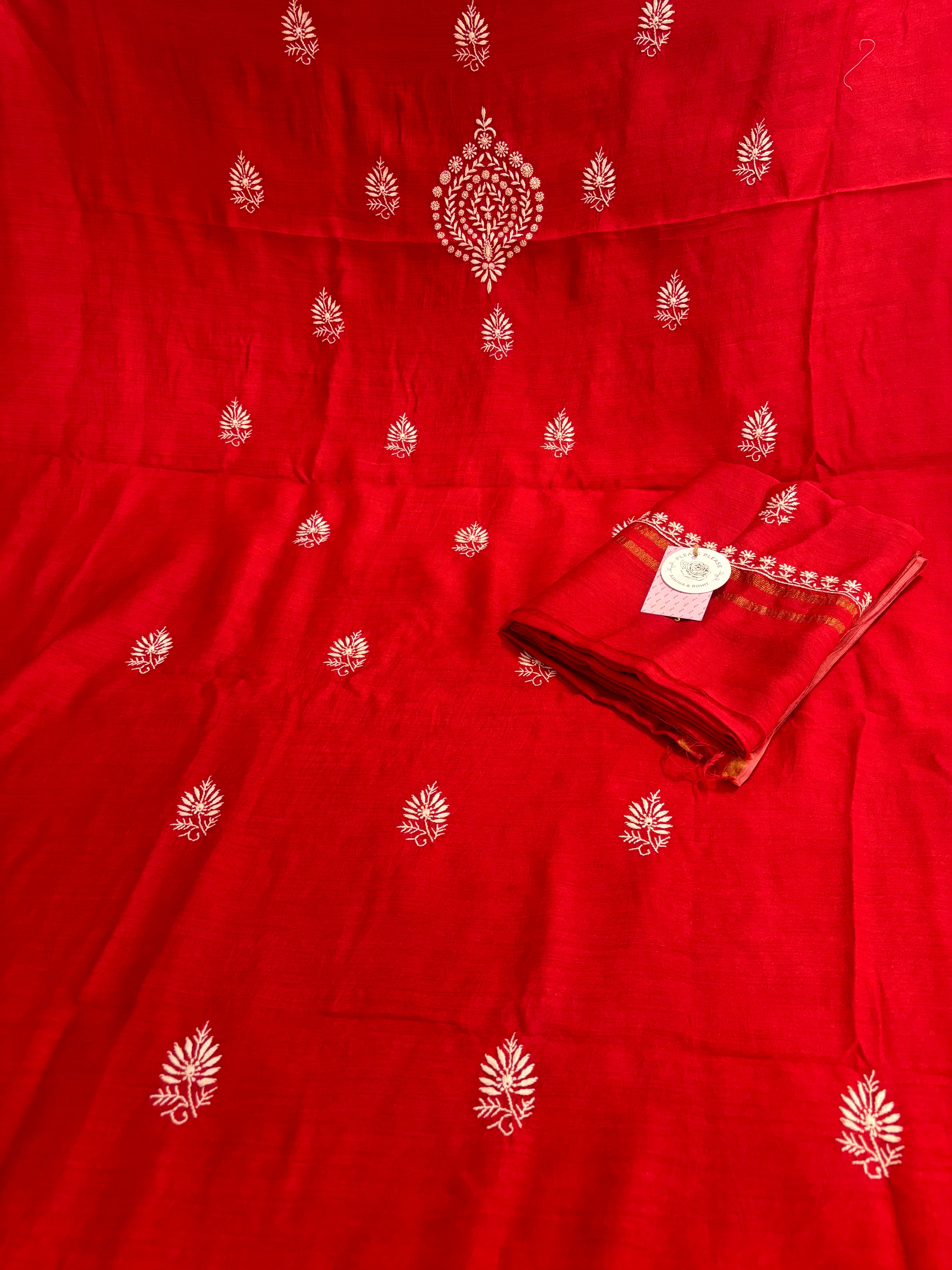 Red Monga Silk Chikankari Kurta & Dupatta