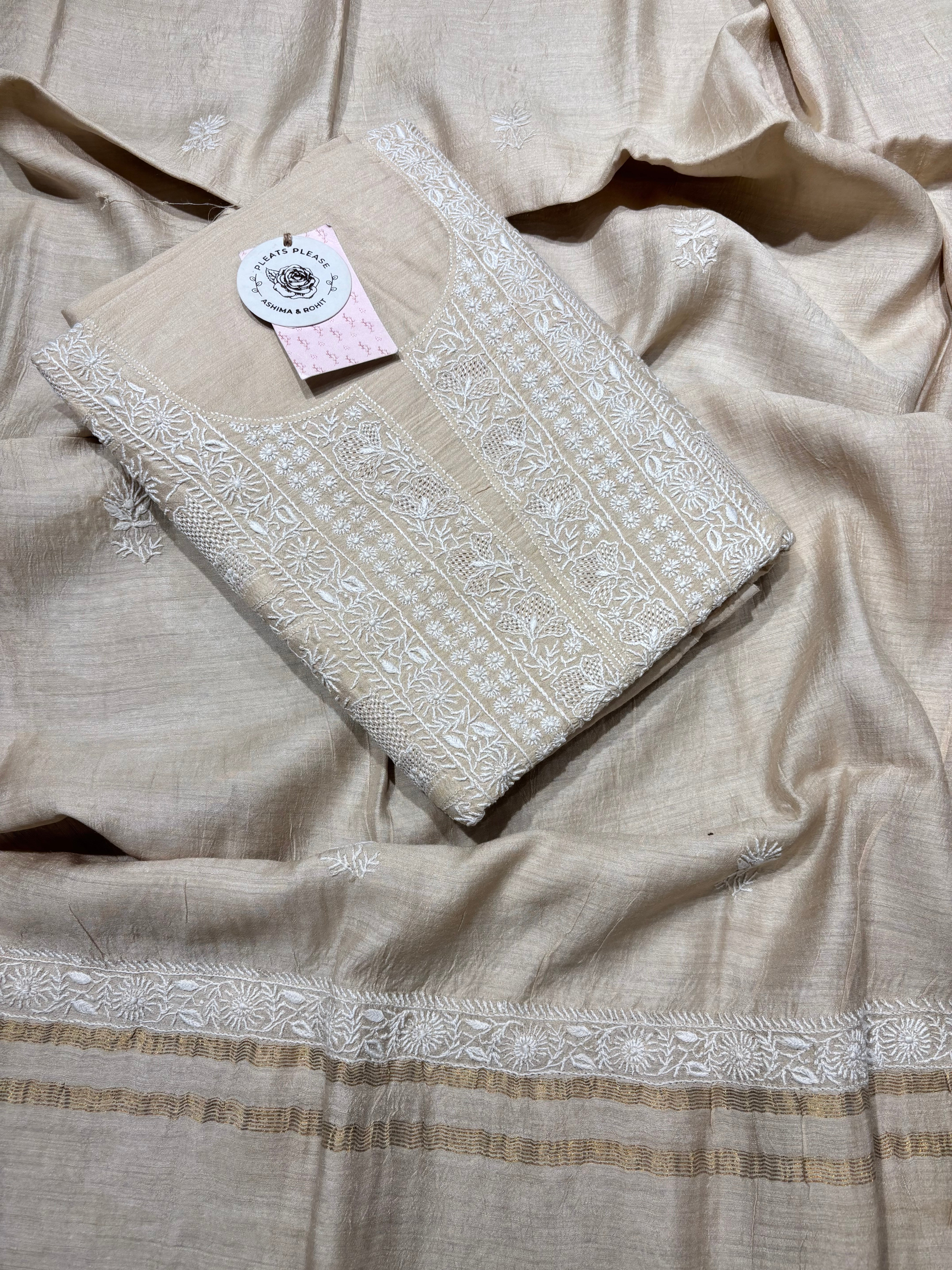 Dyeable Monga Silk Chikankari Kurta and Dupatta Set