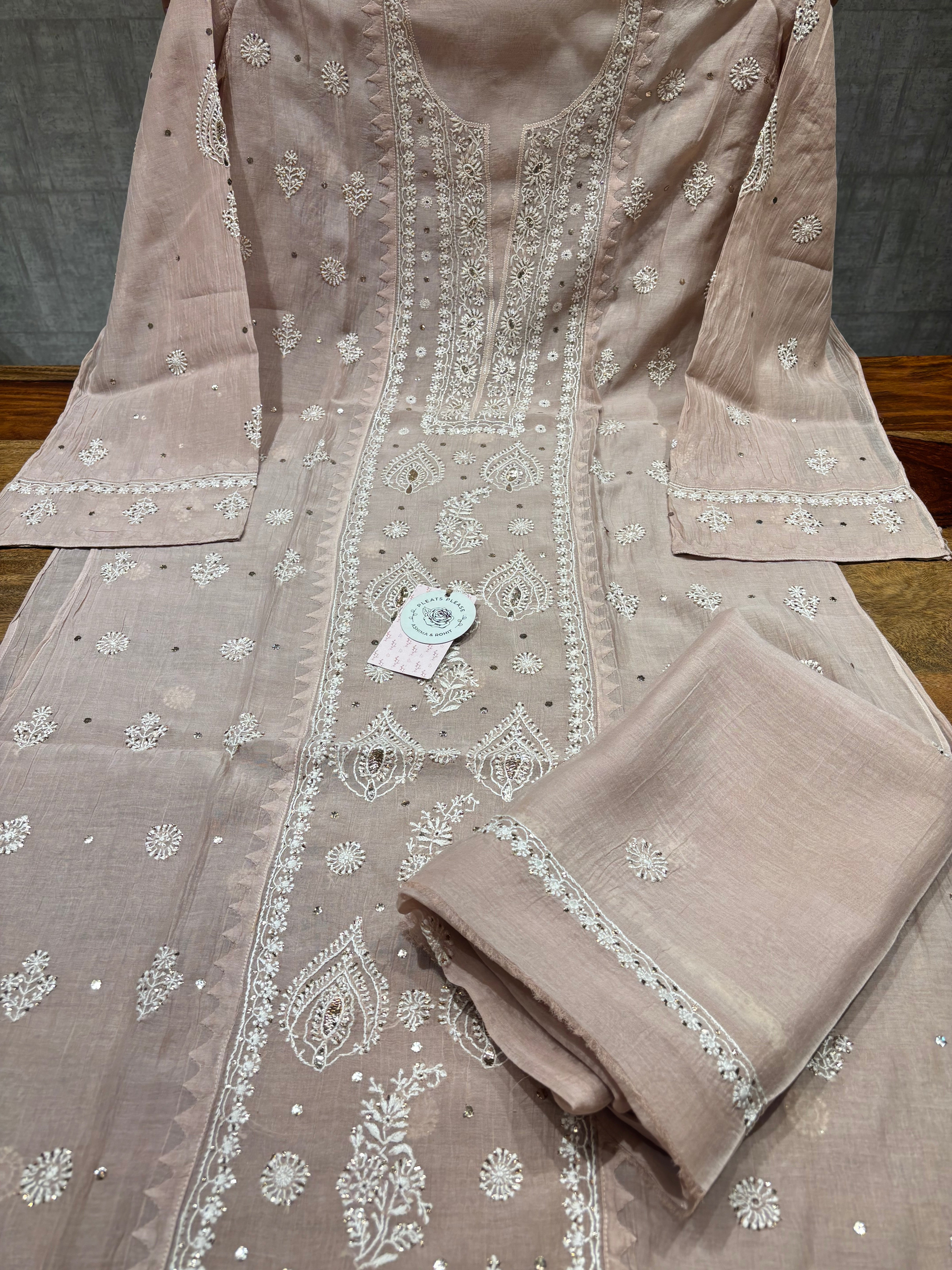 Nude Rose Chanderi Mul Chikankari & Mukaish Kurta & Dupatta Set