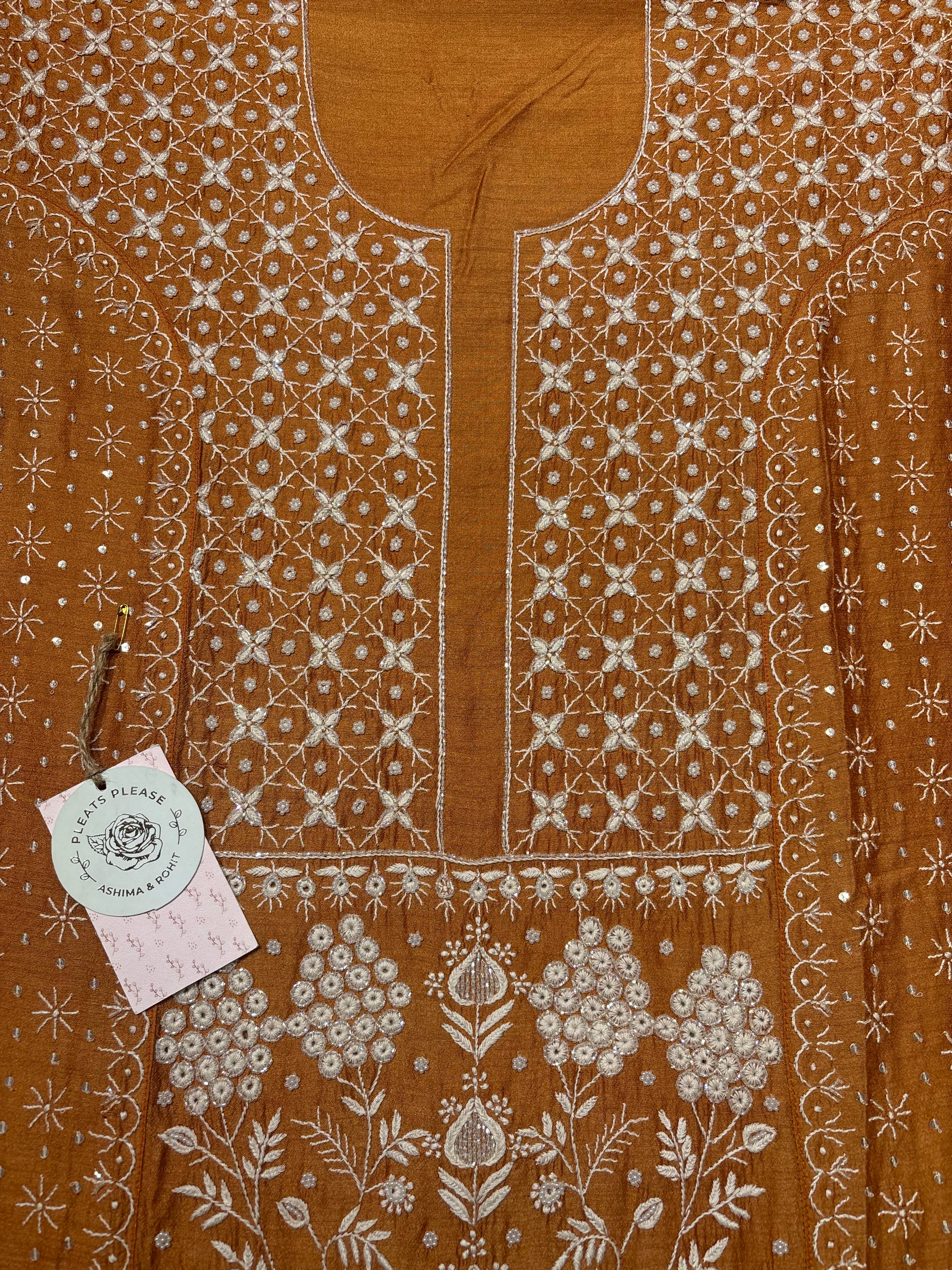 Burnt Orange Pure Monga Silk Chikankari Kurta and Dupatta