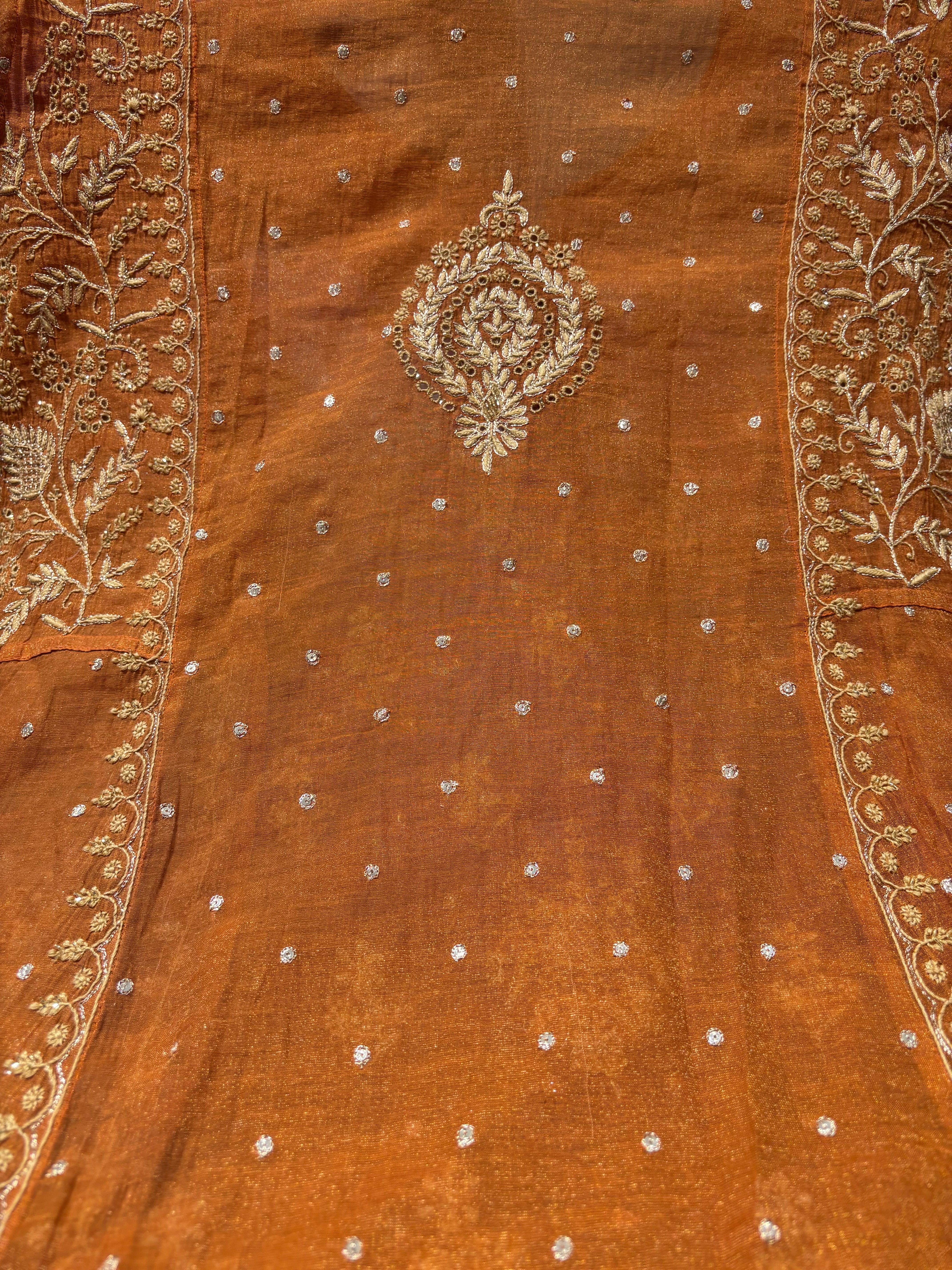 Burnt Orange Pure And Premium Tissue Chikankari Anarkali, Dupatta And Bottom