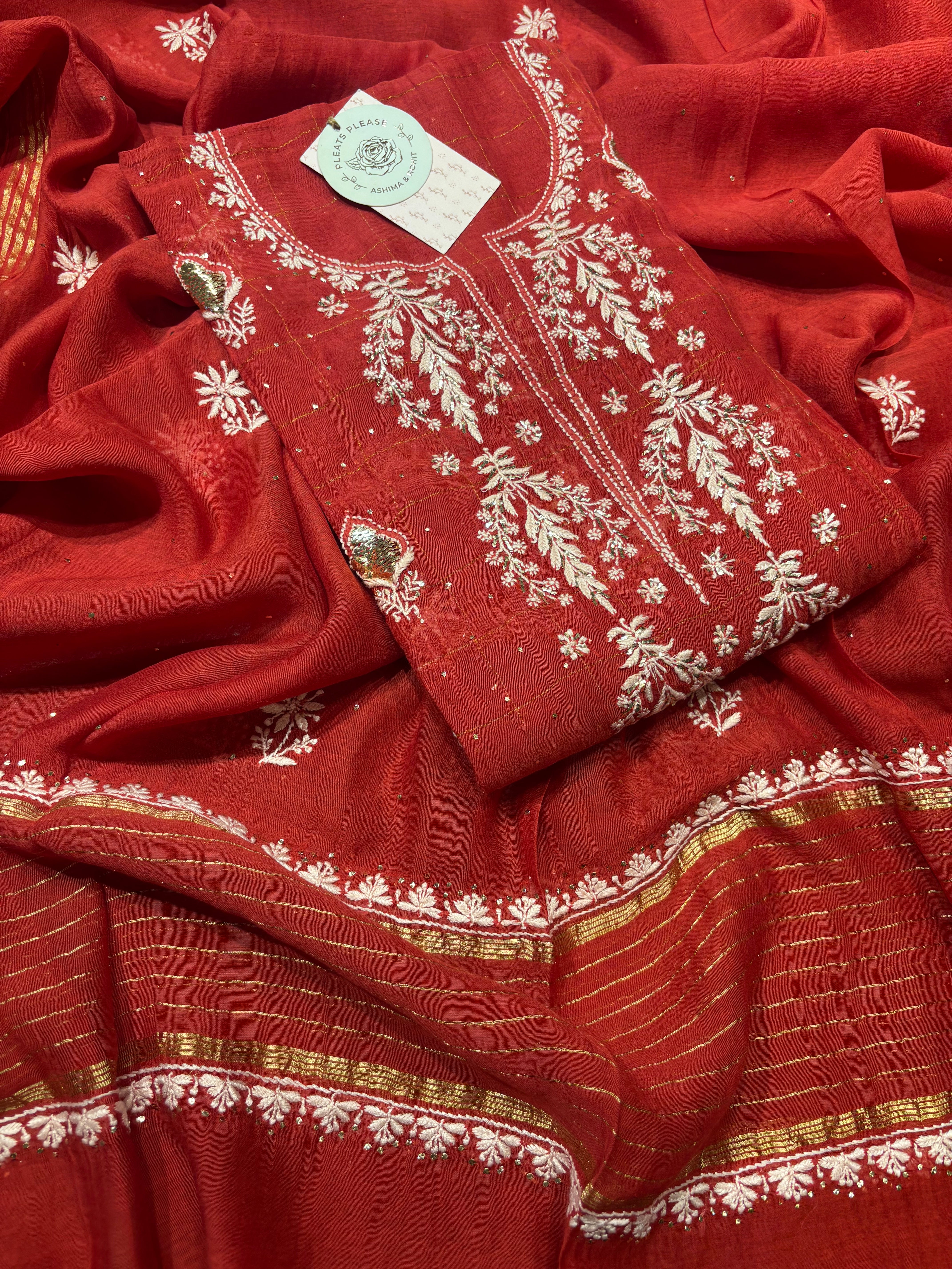 Red Chanderi Mul Chikankari & Mukaish Kurta and Dupatta