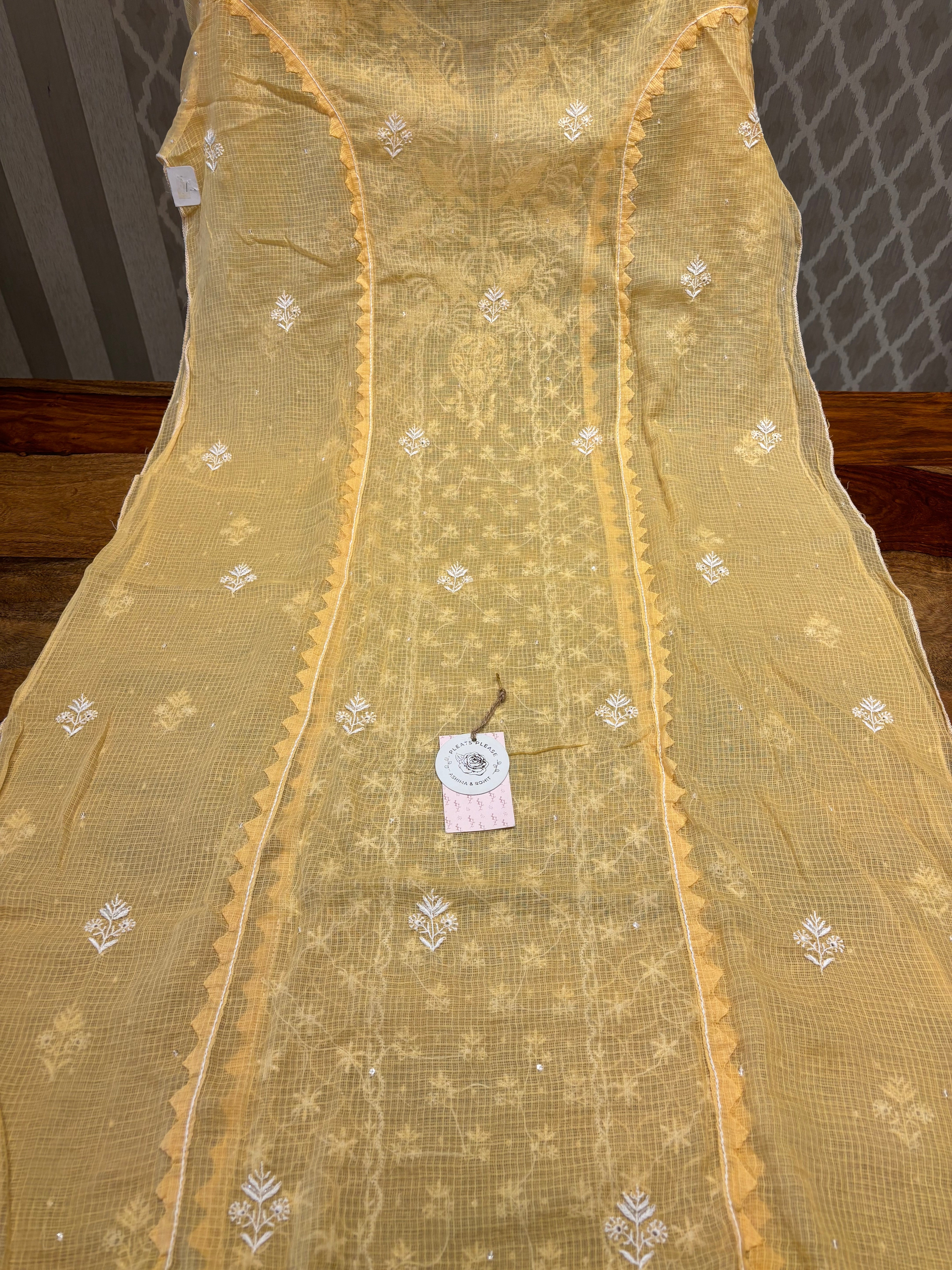 Yellow Kota Doria Chikankari Kurta And Dupatta Set