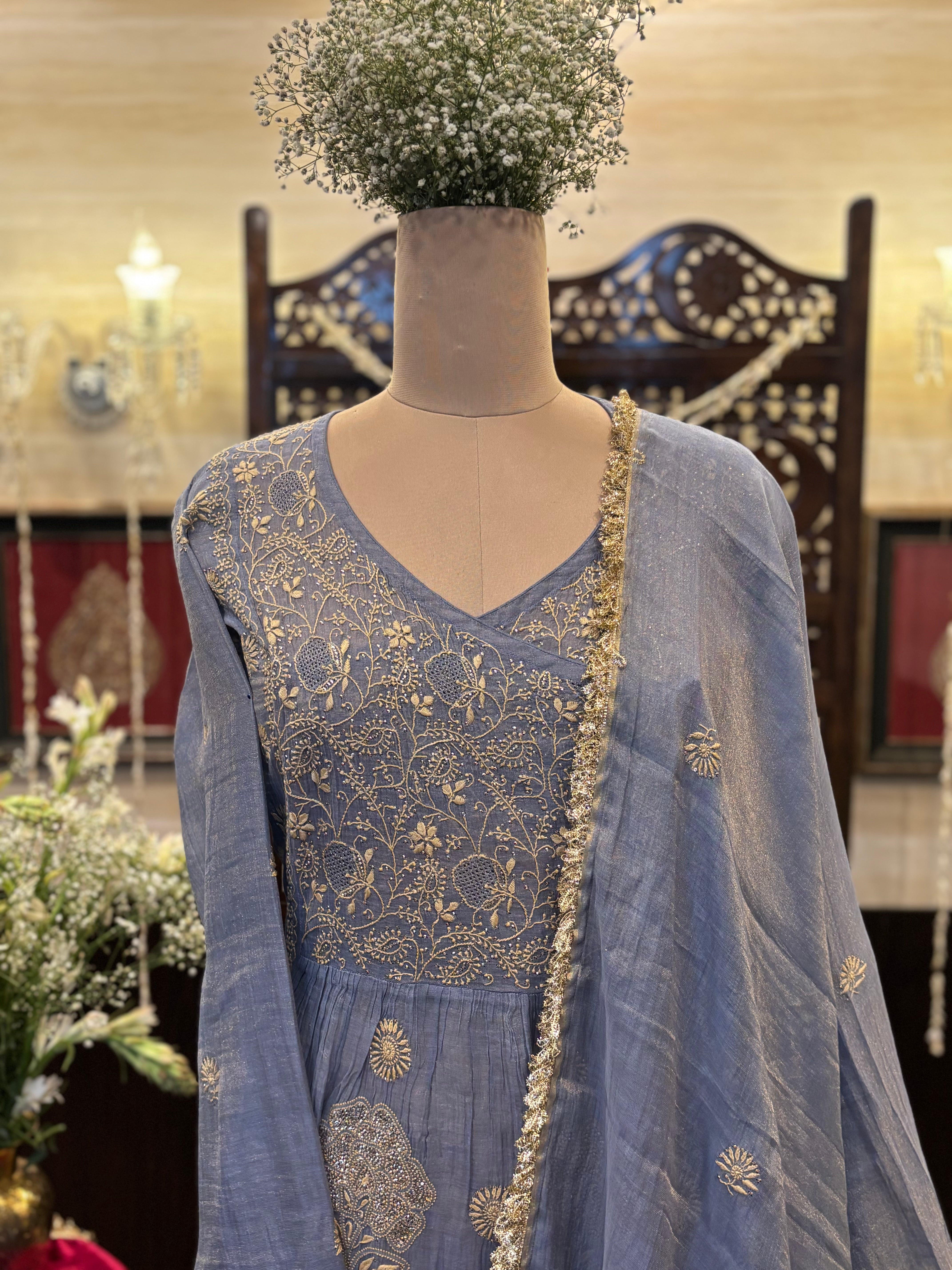 Blue Pure and Premium Tissue Chikankari & Mukaish Angrakha Kurta and Dupatta Set