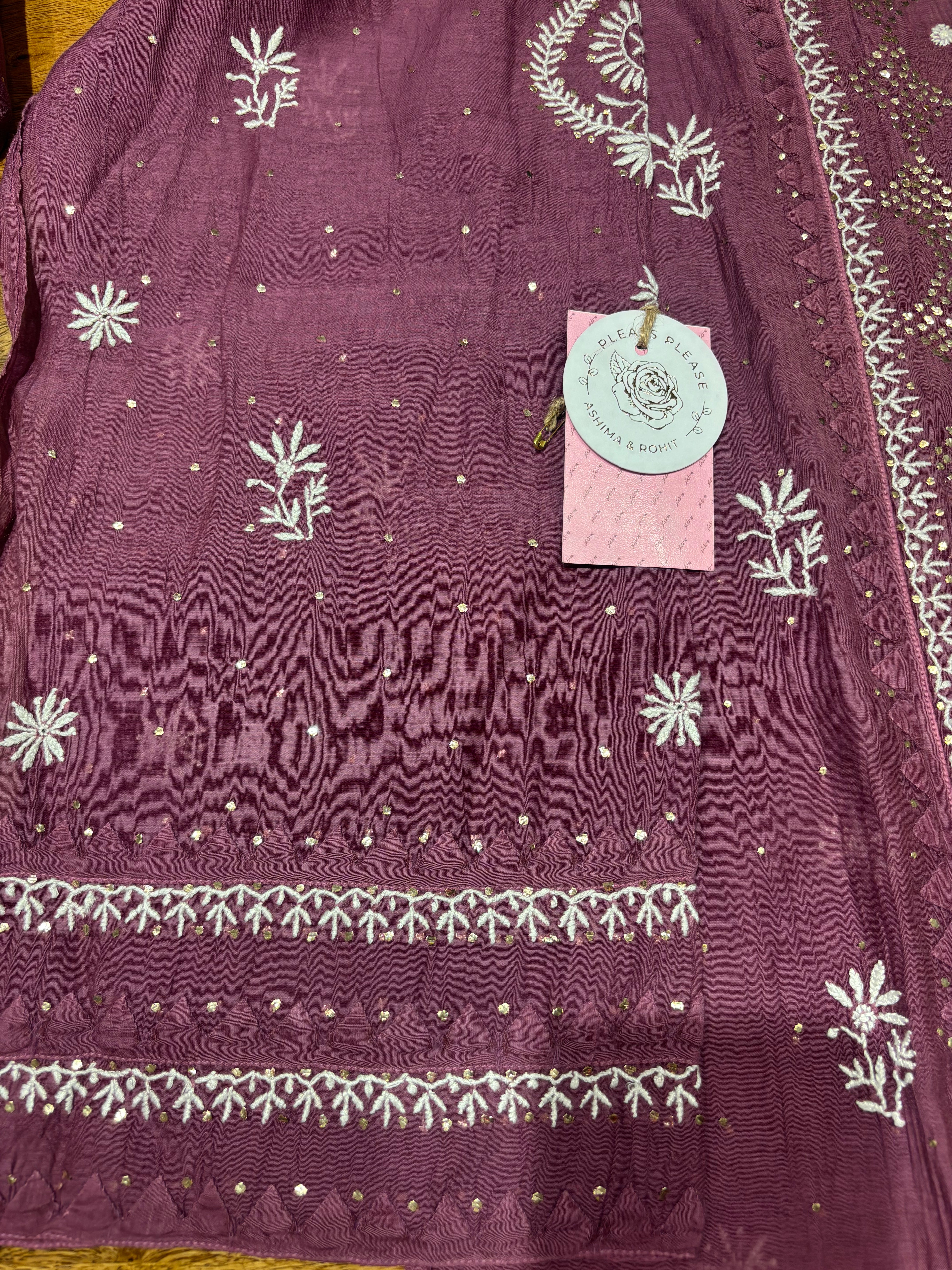 Aubergine Chanderi Mul Chikankari & Mukaish Kurta & Dupatta Set