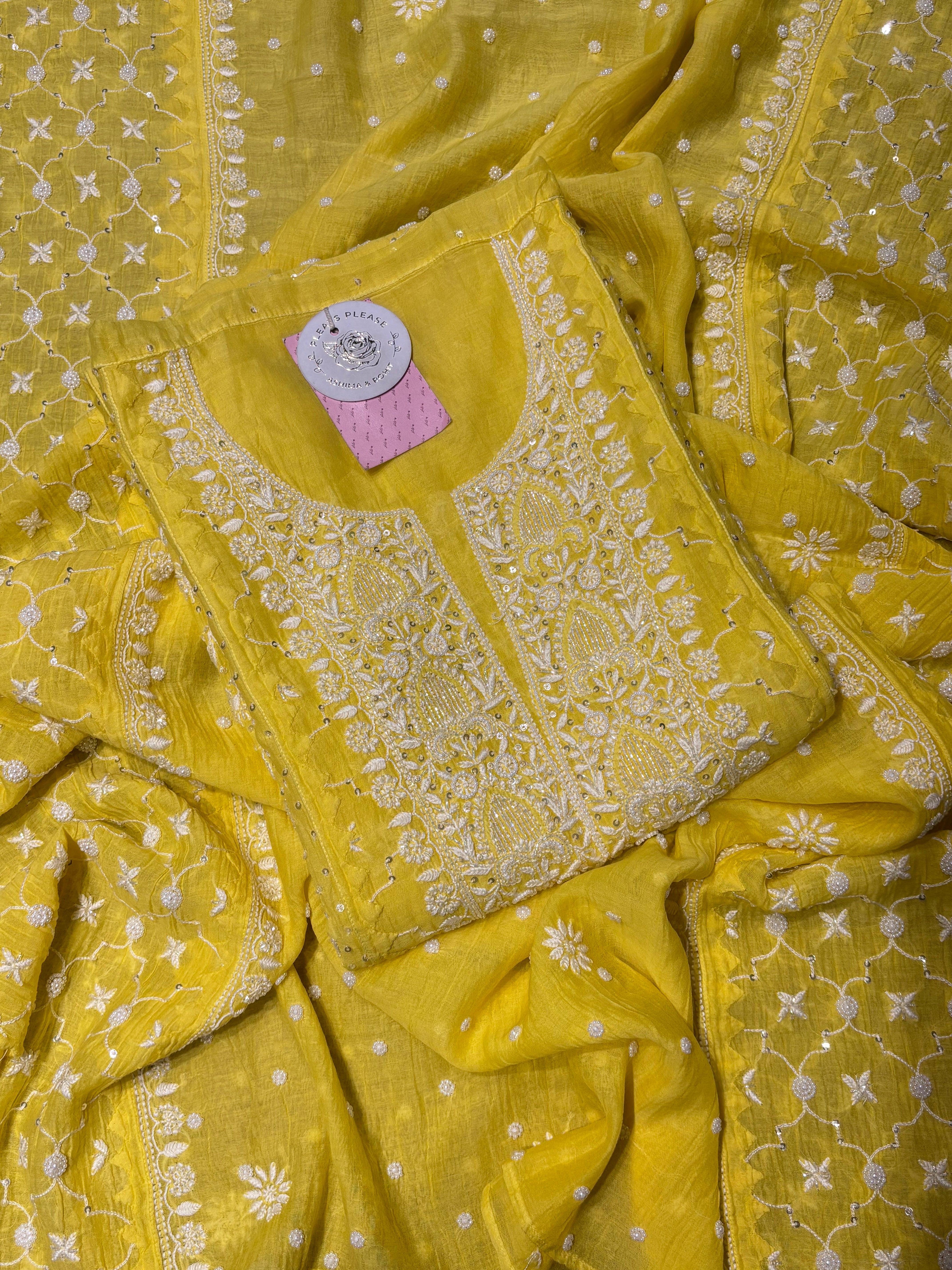 Lemon Yellow Pure Chanderi Chikankari Kurta & Dupatta