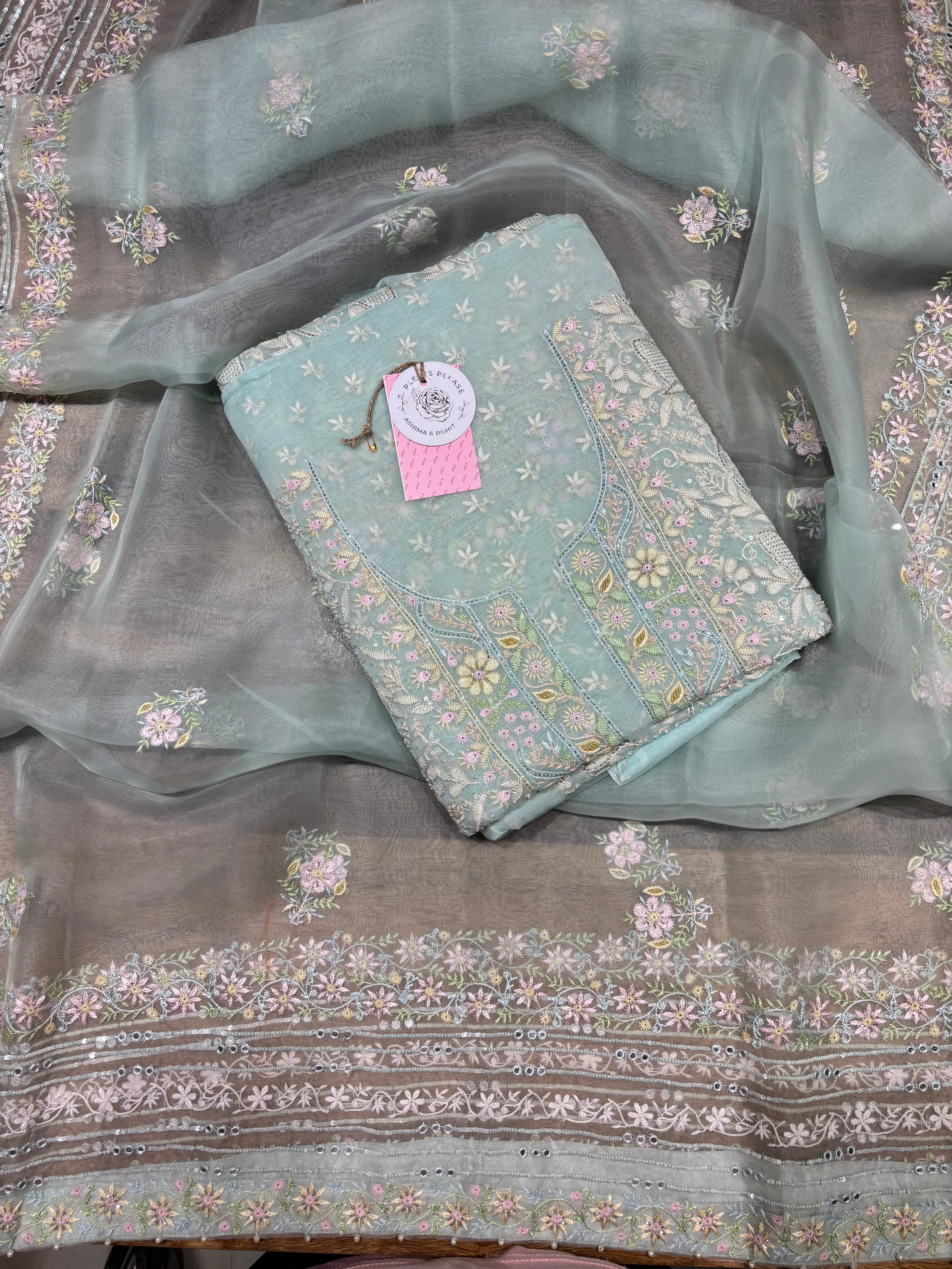 Sea Foam Pure & Premium Organza Silk Chikankari Kurta & Dupatta Fabric
