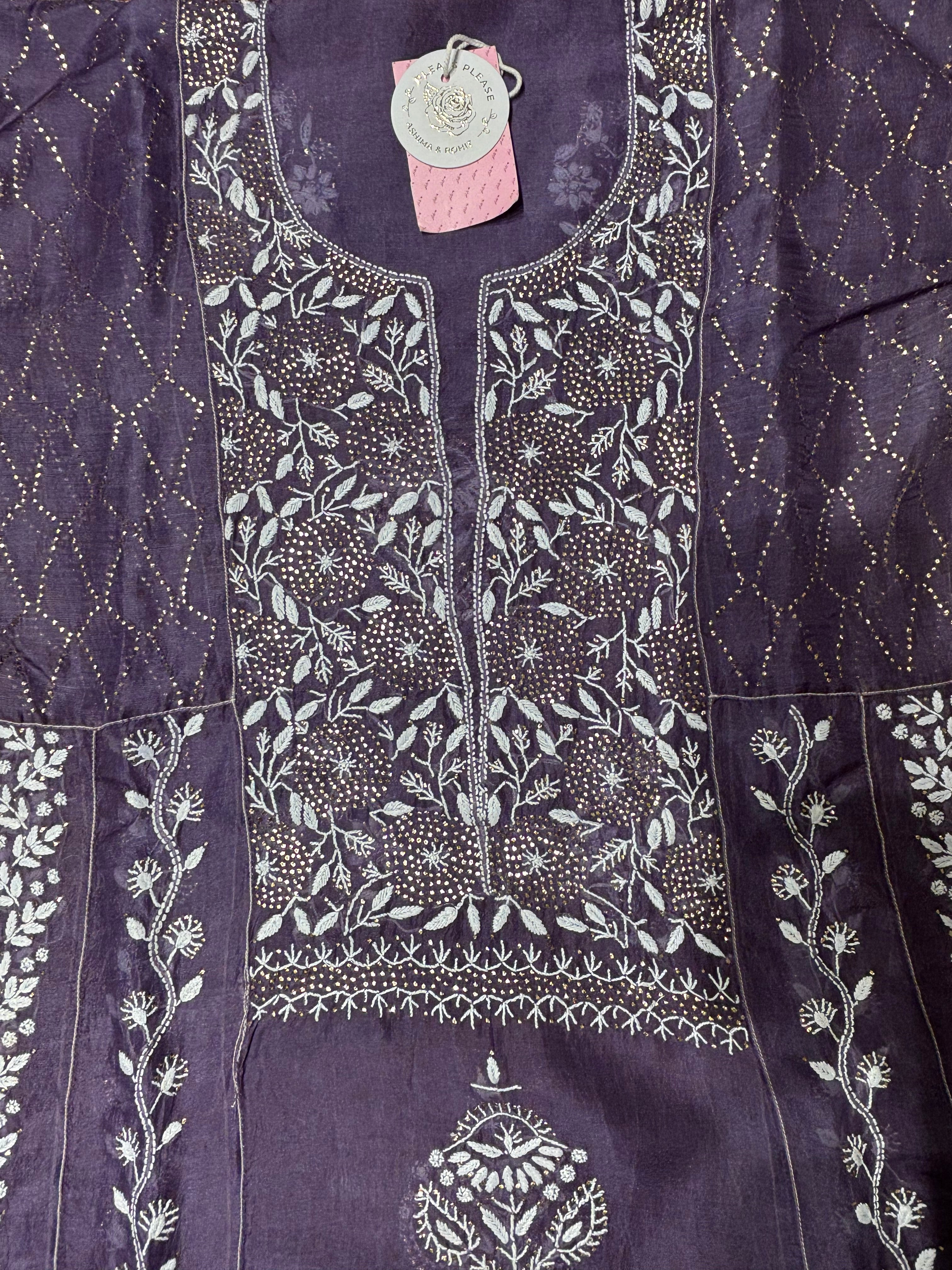 Deep Plum Pure Organza Silk Mukaish & Chikankari Anarkali & Dupatta