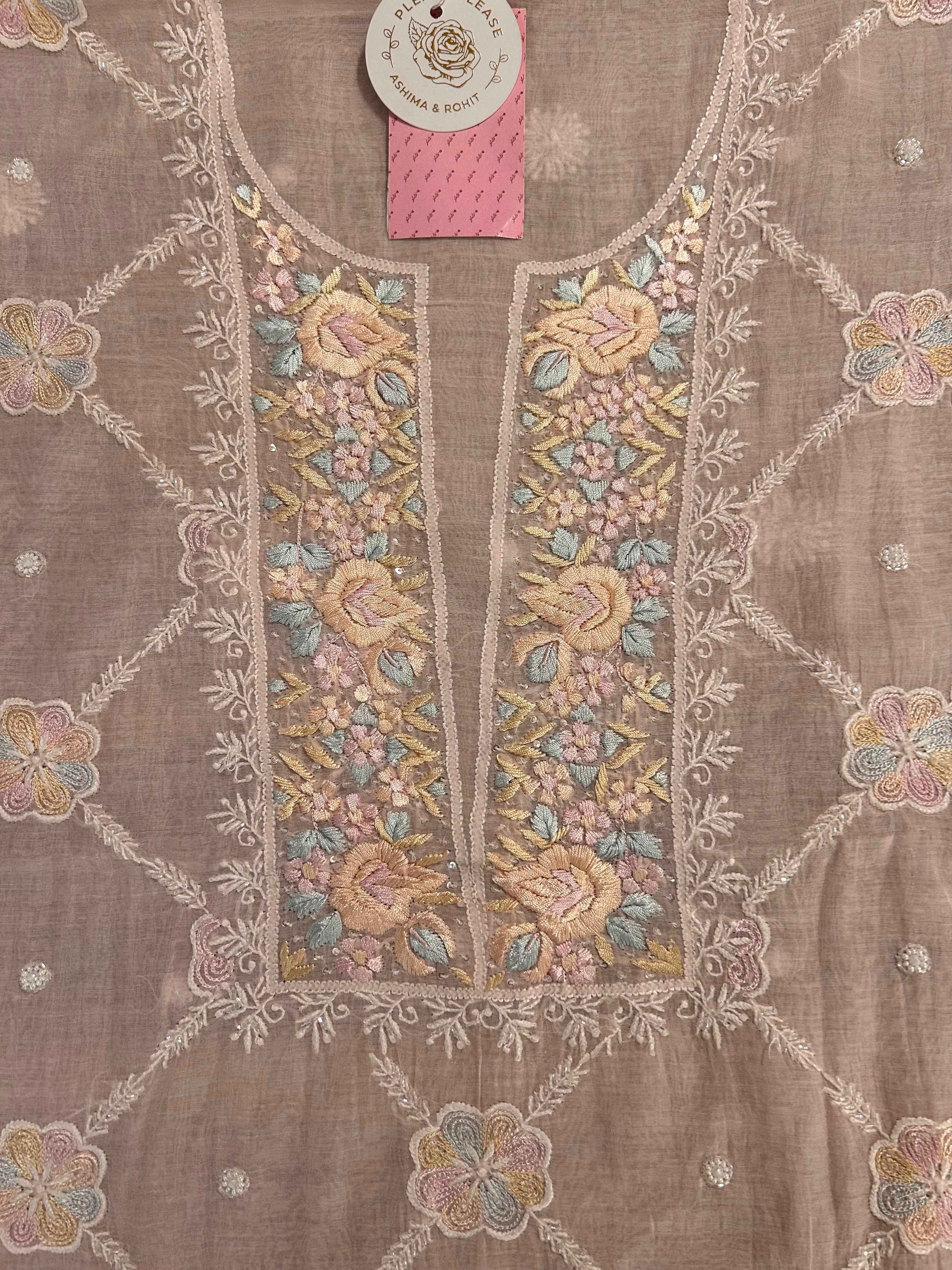 Baby Pink Chanderi Mul Parsi Gara Chikankari Kurta & Dupatta