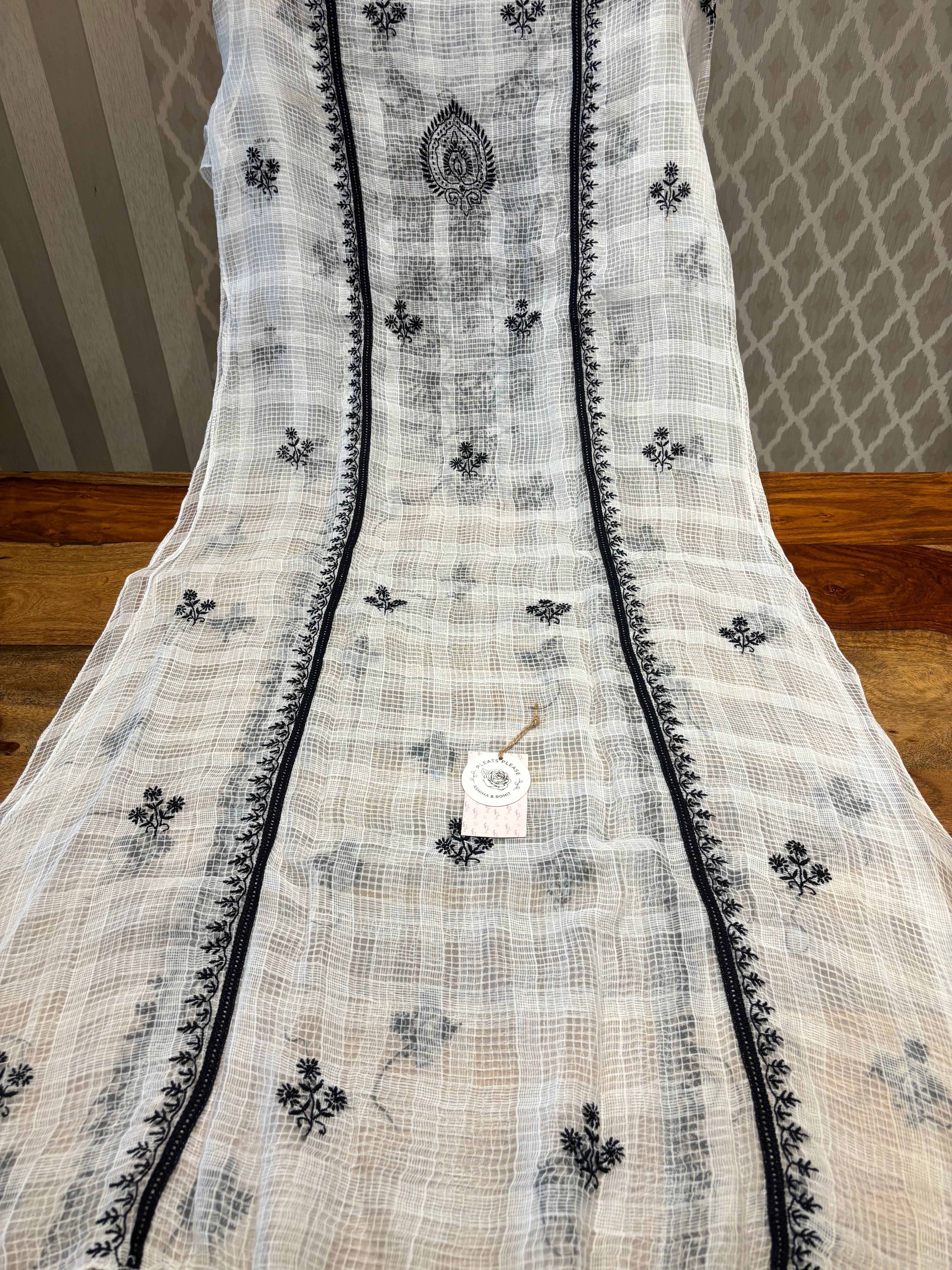 White And Black Kota Doria Chikankari Kurta And Dupatta Set