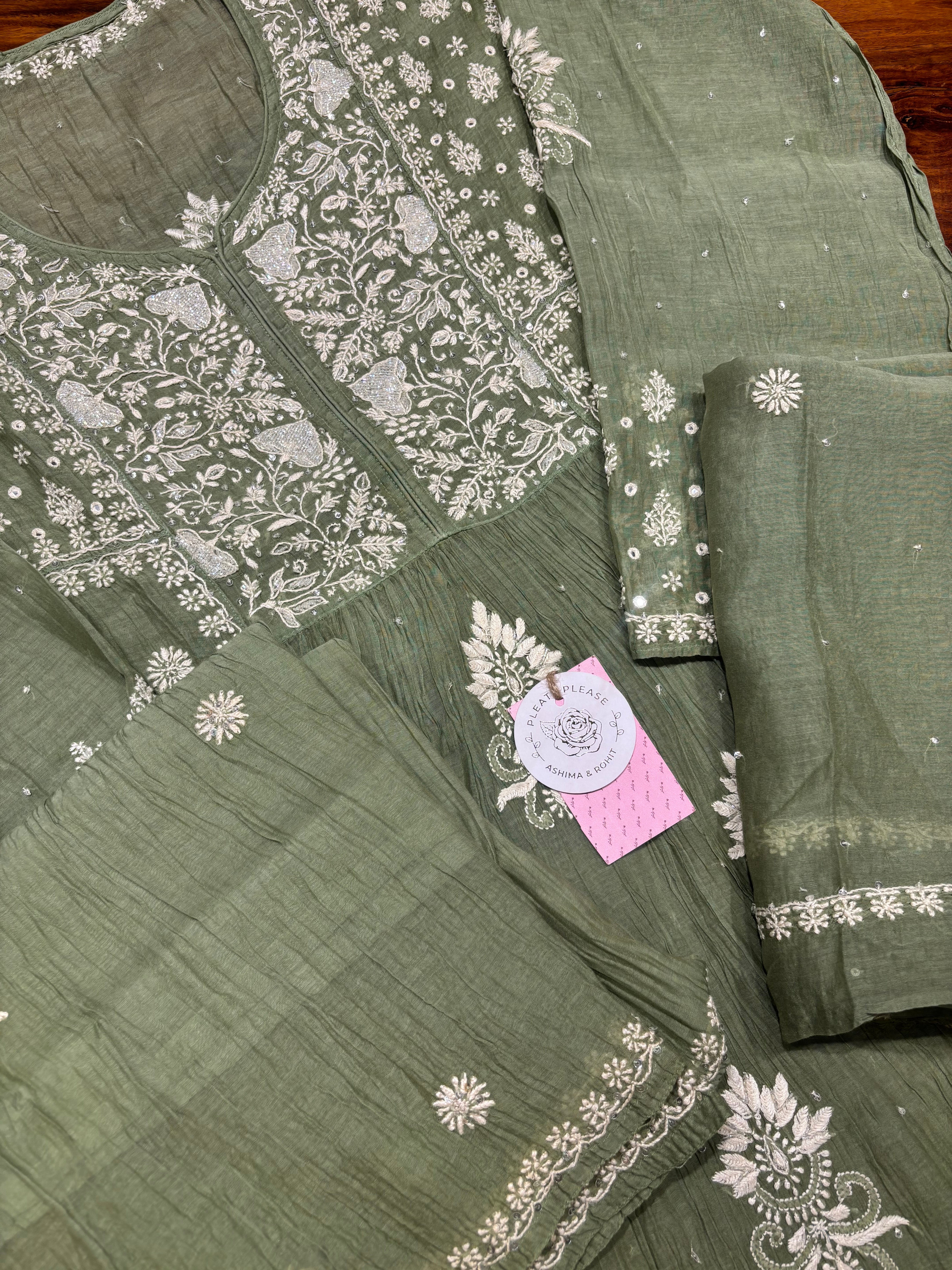 Sage Green Chanderi Mul Chikankari Kurta, Sharara & Dupatta Set