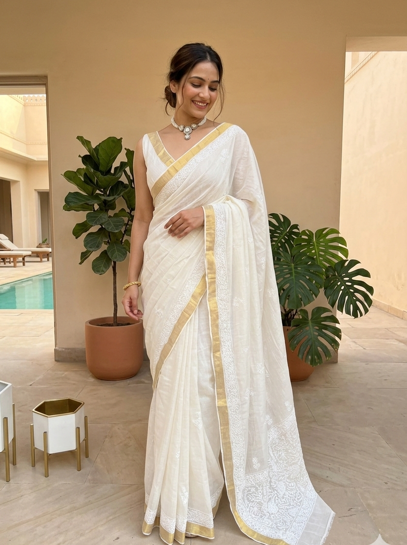 Dyeable Pure Chanderi Mul Chikankari Saree