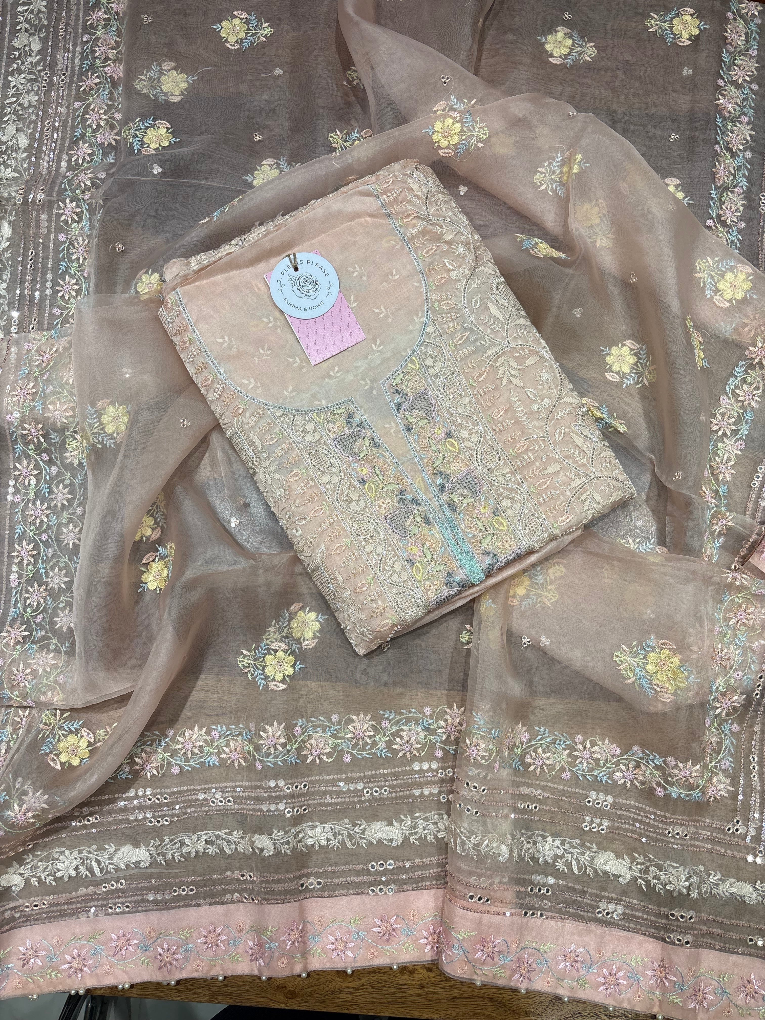 Peach Pure & Premium Organza Silk Chikankari Kurta & Dupatta Fabric
