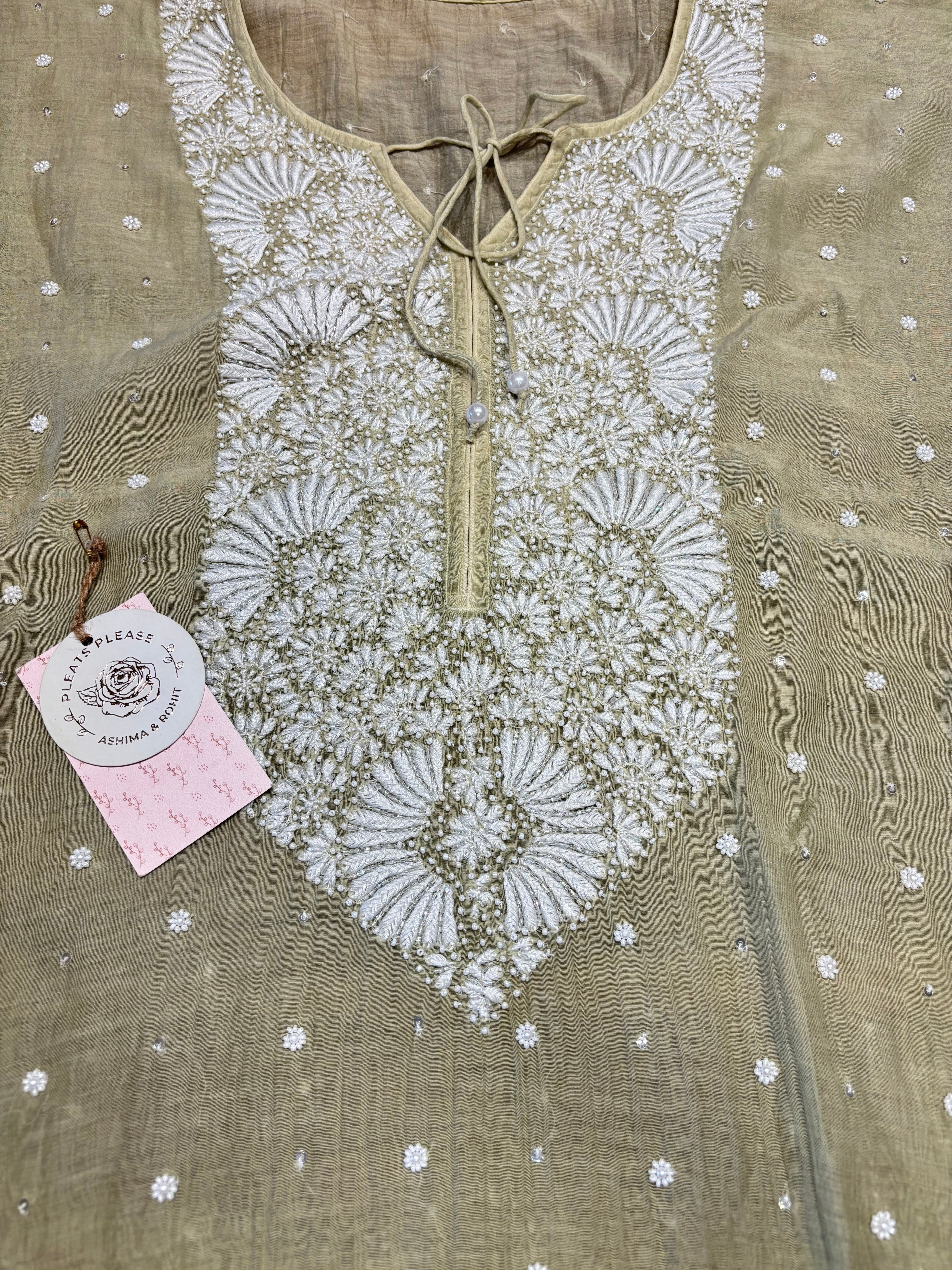 Olive Green Chanderi Mul Chikankari Kaftan