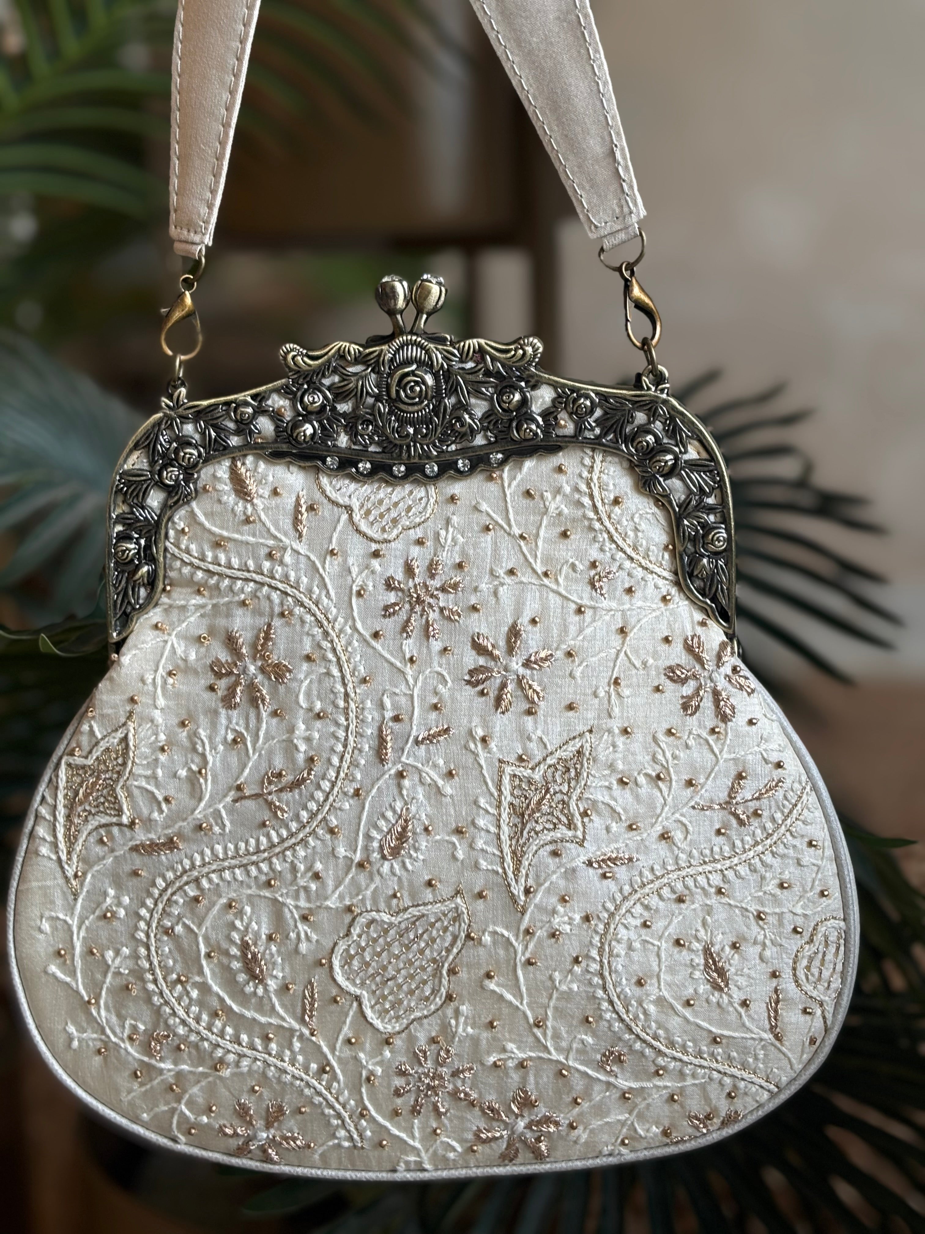 Ivory Silk Chikankari Clutch