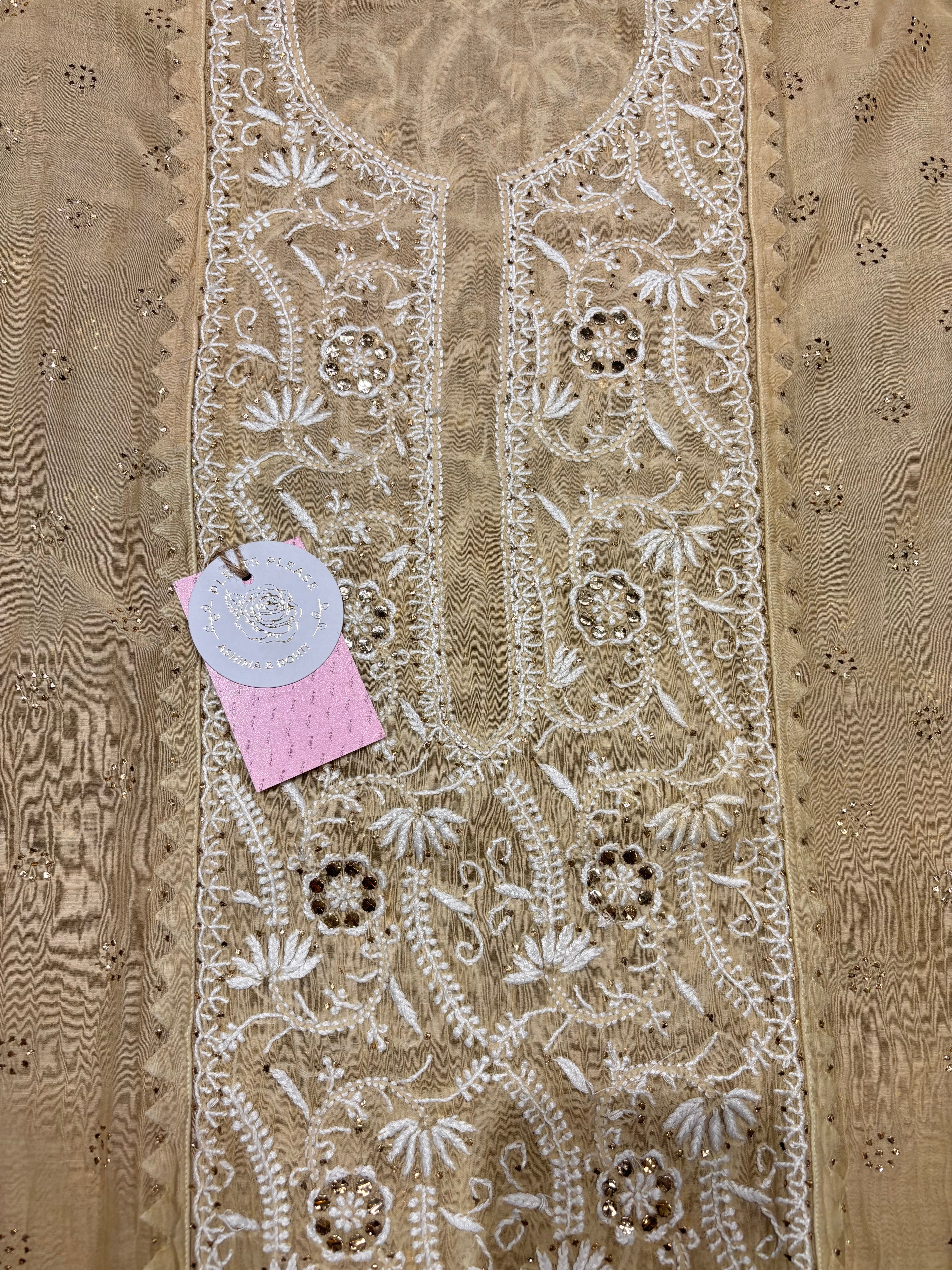 Beige Chanderi Mul Chikankari and Mukaish kurta and Dupatta set