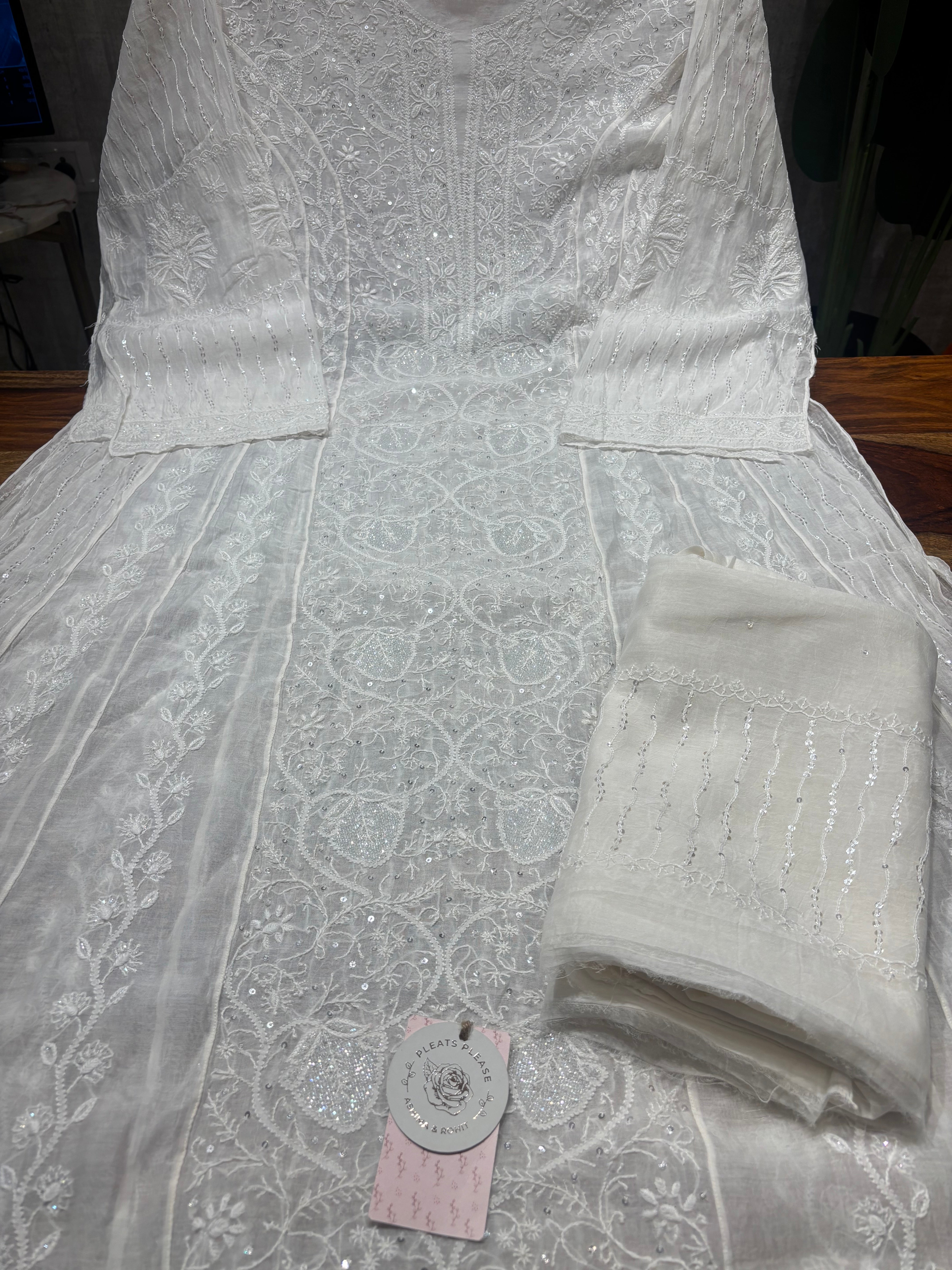 Dyeable Chanderi Mul Chikankari Anarkali and Dupatta set