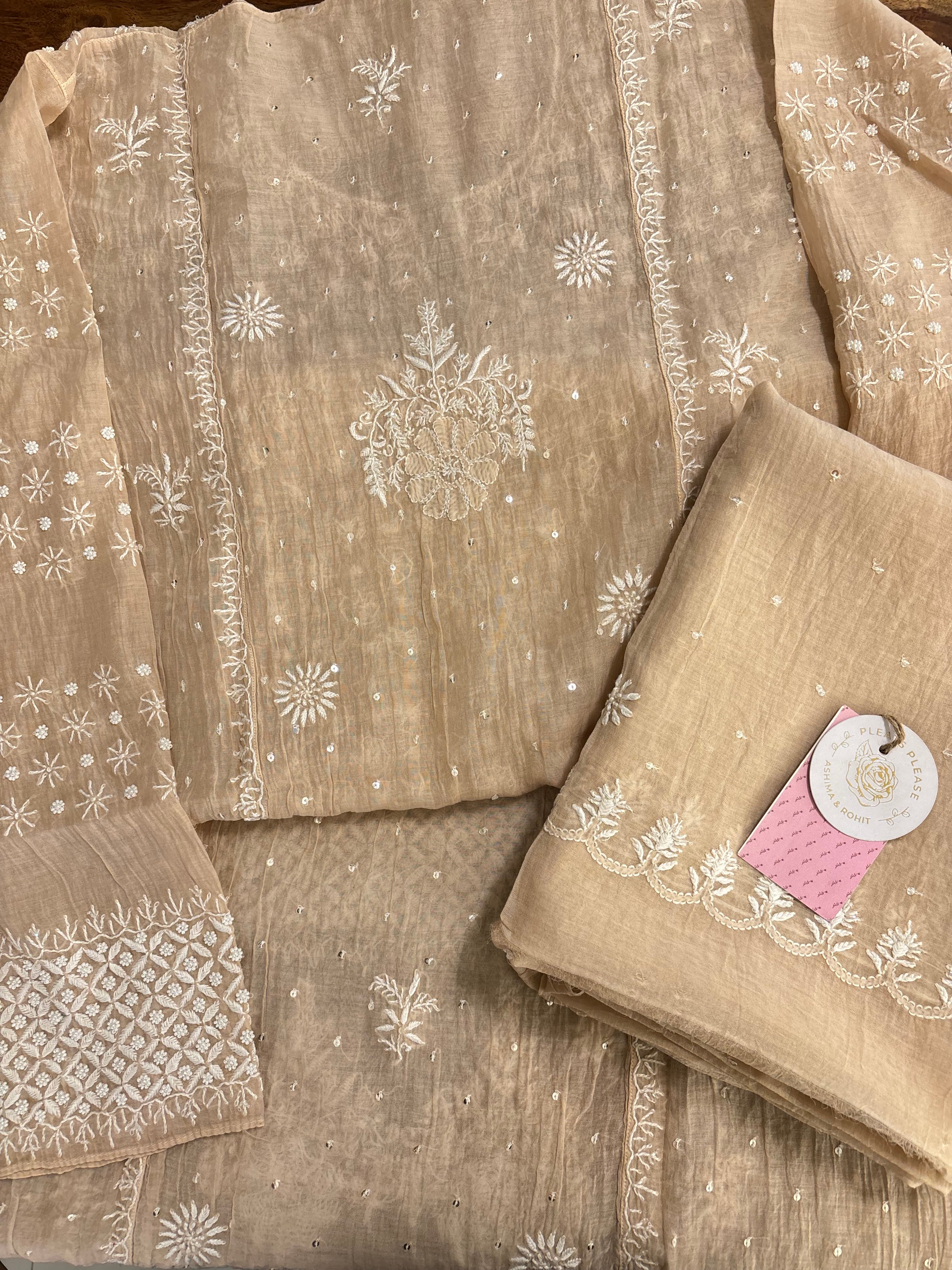 Pastel Peach Chanderi Chikankari Kurta & Dupatta