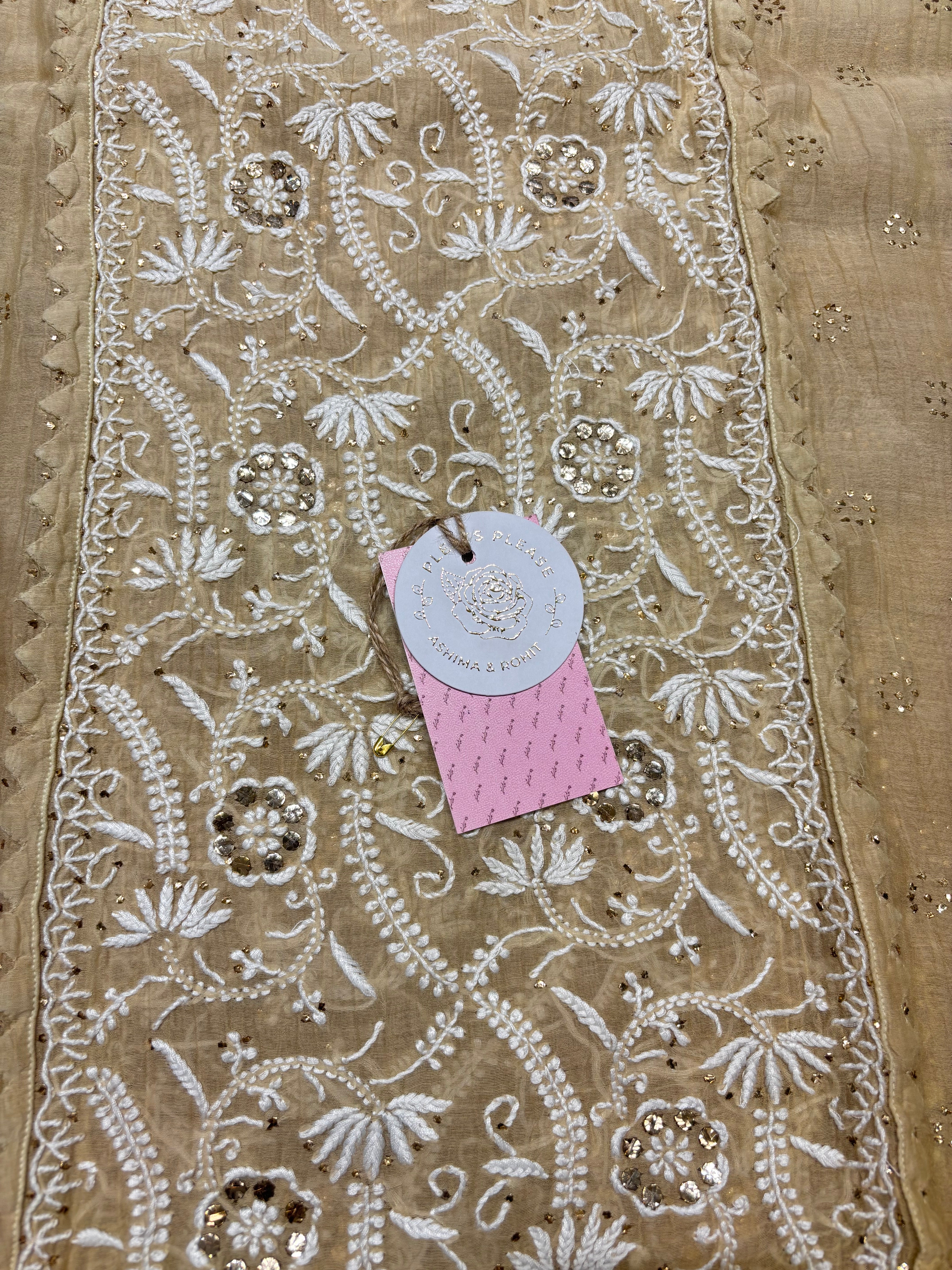 Beige Chanderi Mul Chikankari and Mukaish kurta and Dupatta set