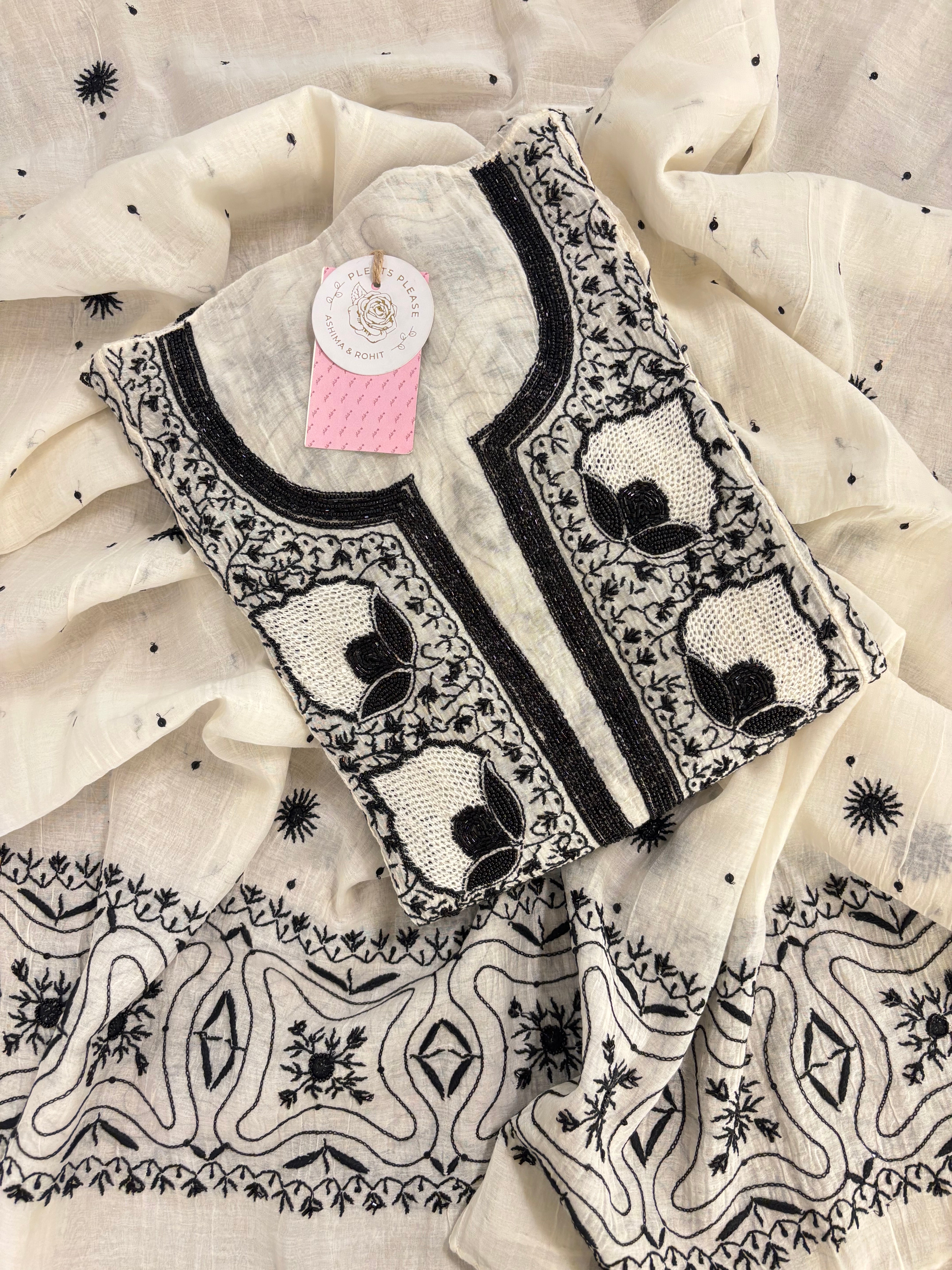 Dyeable Chanderi Black & White Chikankari Kurta & Dupatta