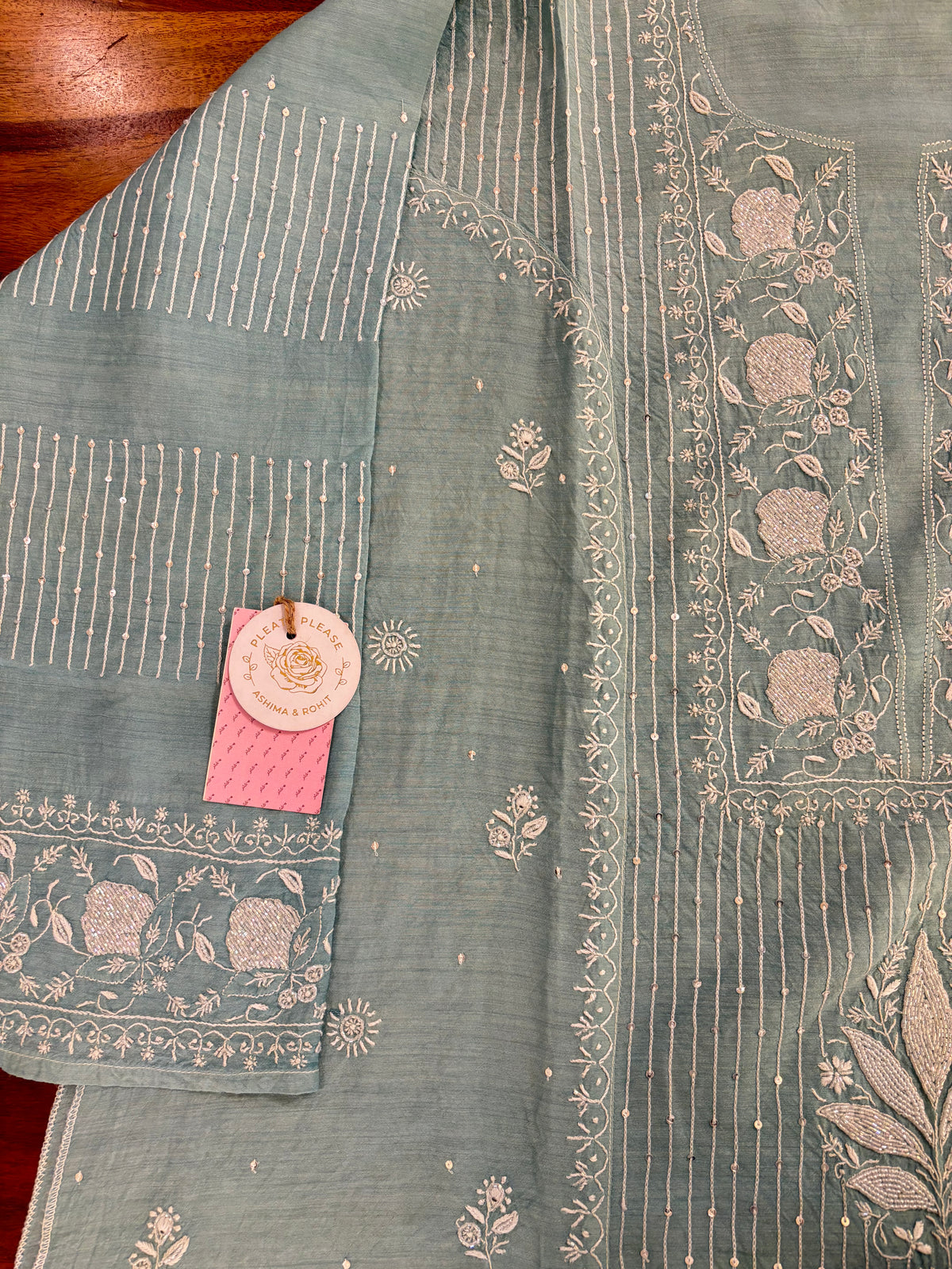 Pastel Mint Green Monga Silk Chikankari Kurta & Dupatta - Pleats PleaseChikankari